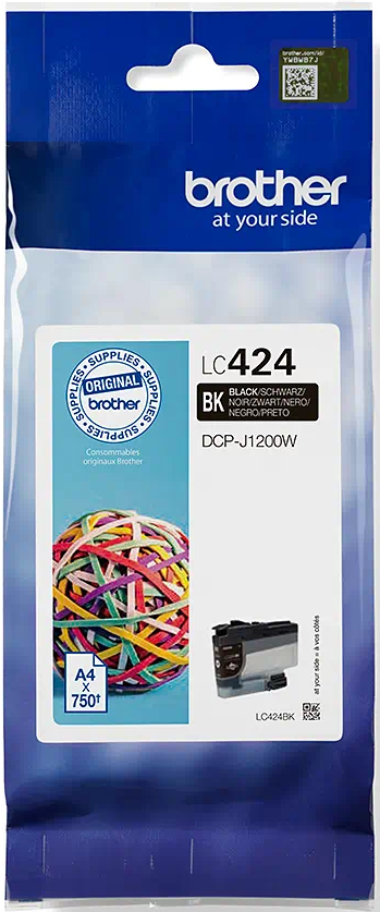 Versiegelte Plastiktüte mit schwarzer Tintenpatrone, weißem Etikett und Brother-Logo.