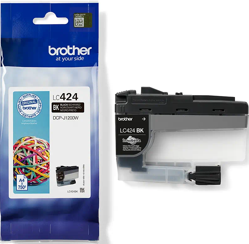 Brother LC424 BK Tintenpatrone mit bunten Gummibändern und Verpackung.
