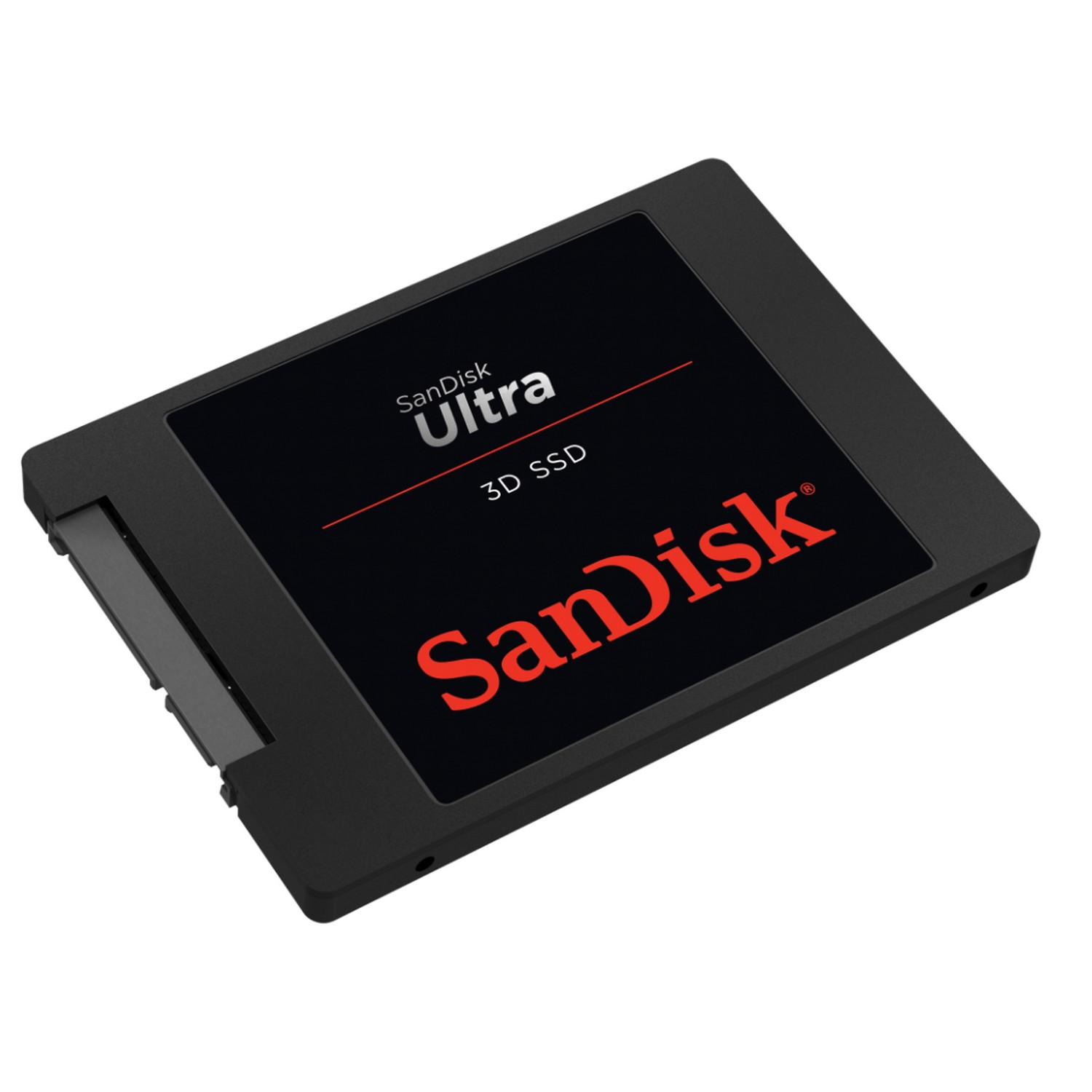 SSD SanDisk Ultra 3D negra, con texto rojo, sobre fondo blanco.