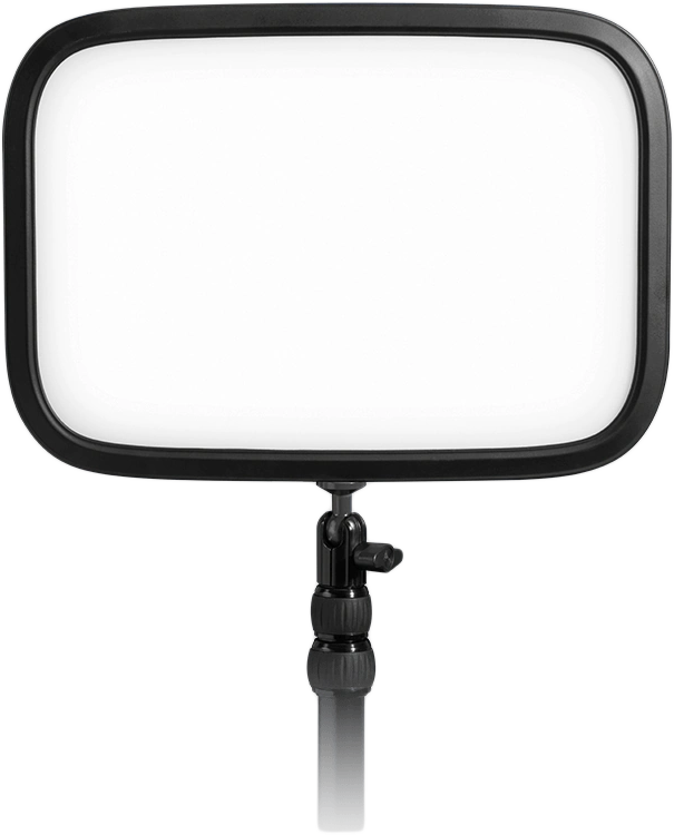 Téglalap alakú LED-es fény panel fekete kerettel, állványra szerelve. A fény fehér.