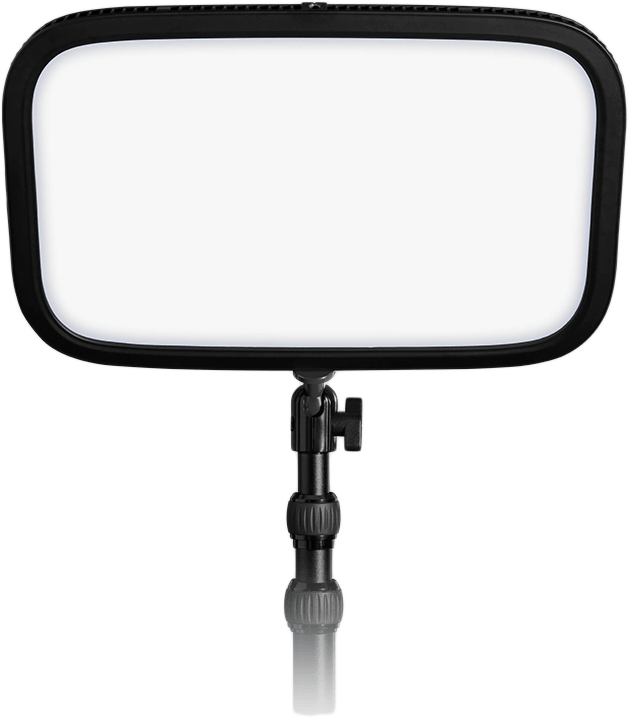 Fekete LED-es fény panel állványon, fehér fényt bocsát ki.