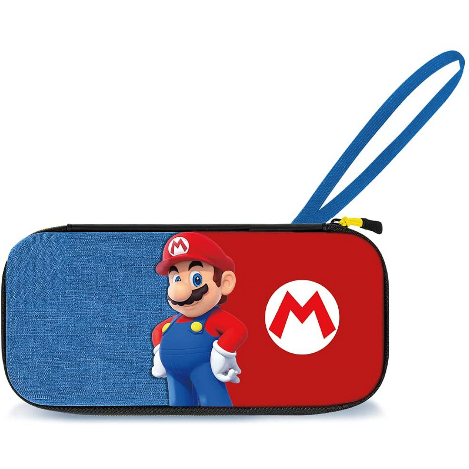 Una funda de Nintendo Switch con Mario. La funda es roja y azul con el logotipo de Mario.