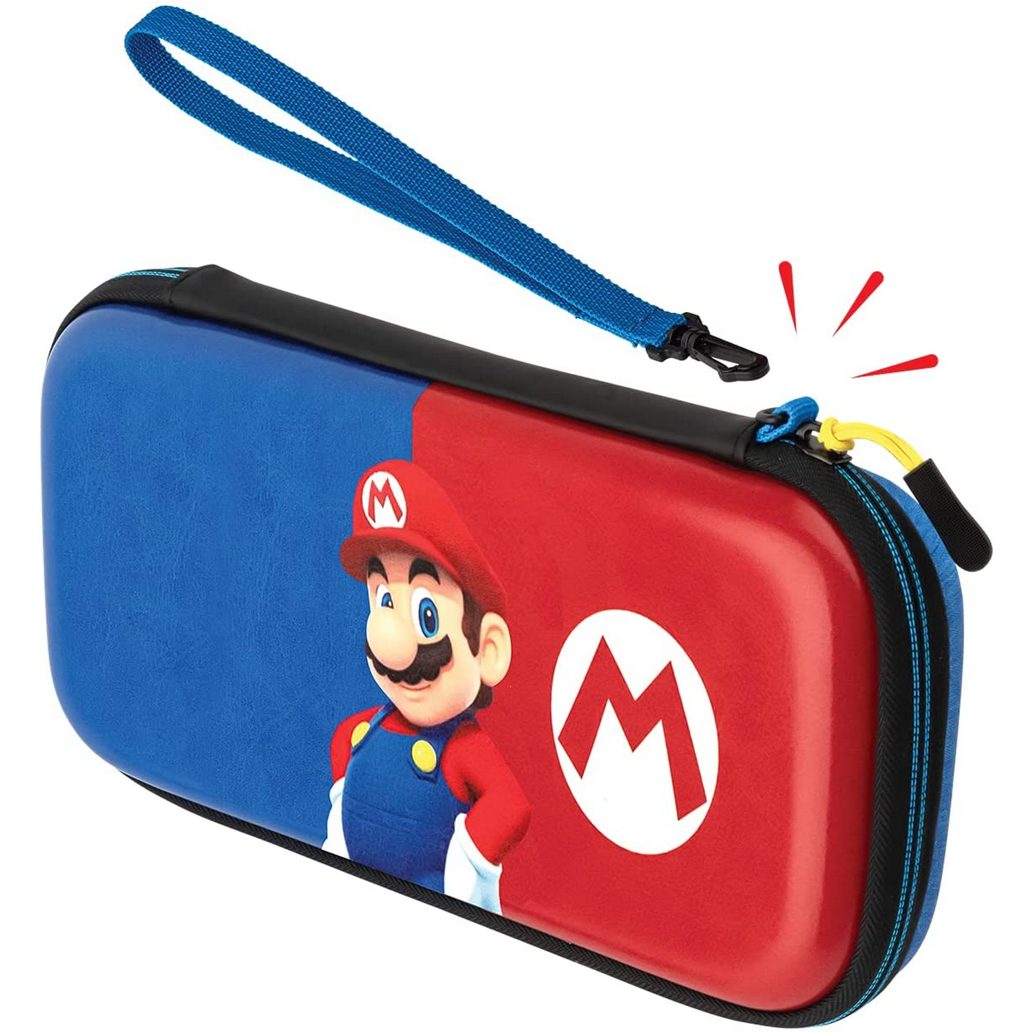 Una funda de Nintendo Switch con temática de Mario. La funda es roja y azul con Mario.