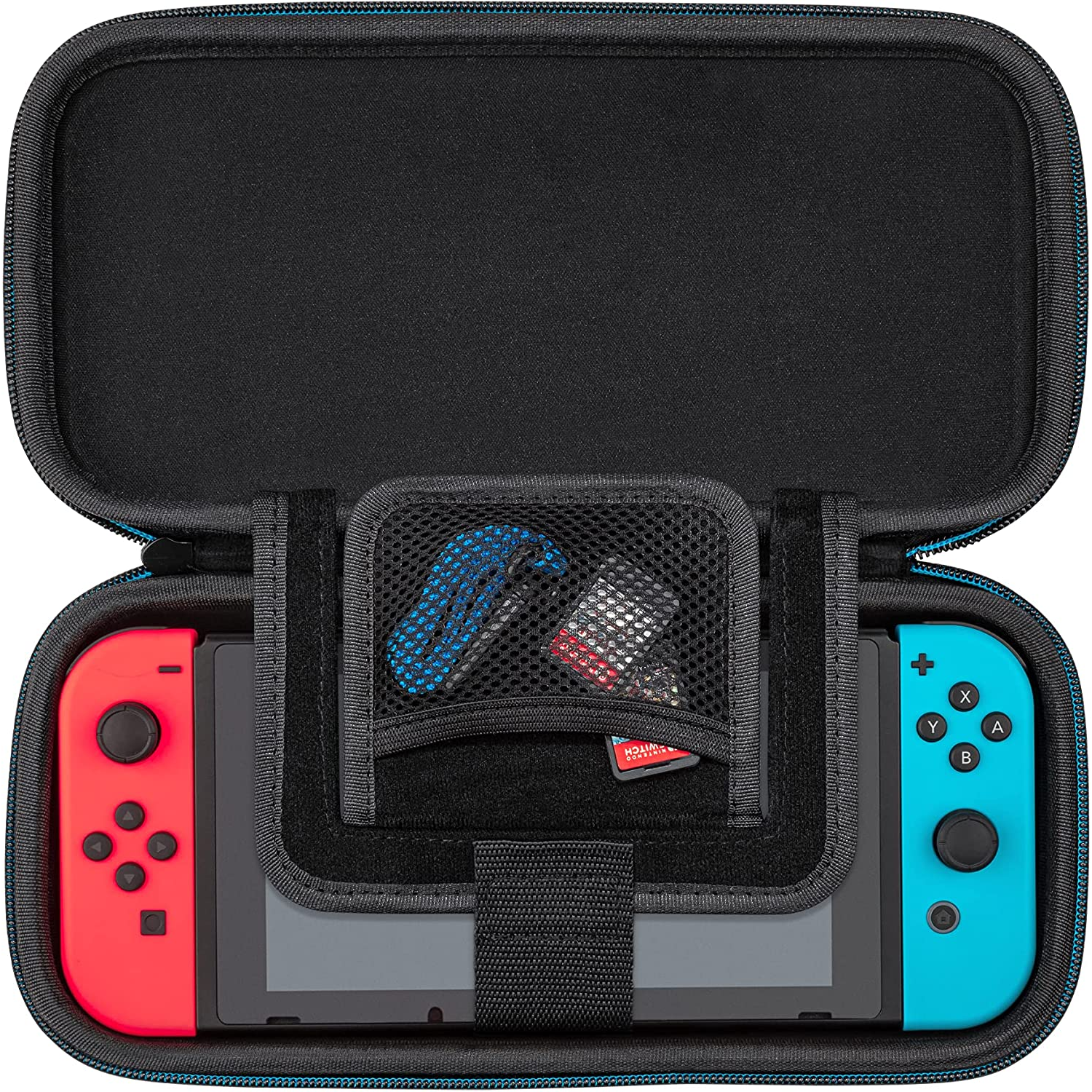 Funda Nintendo Switch negra y azul, abierta, con consola y accesorios dentro.
