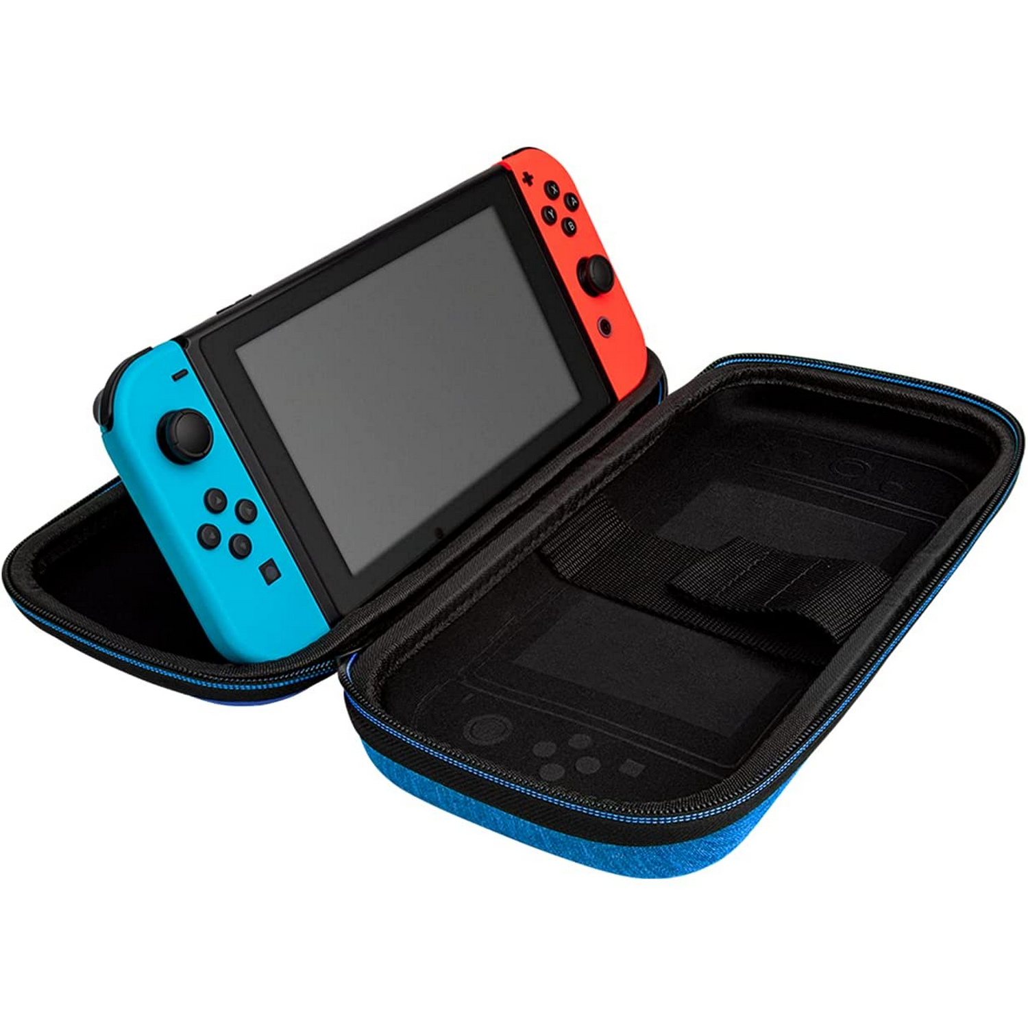 Una Nintendo Switch azul y negra en su estuche de transporte abierto, sobre un fondo blanco.