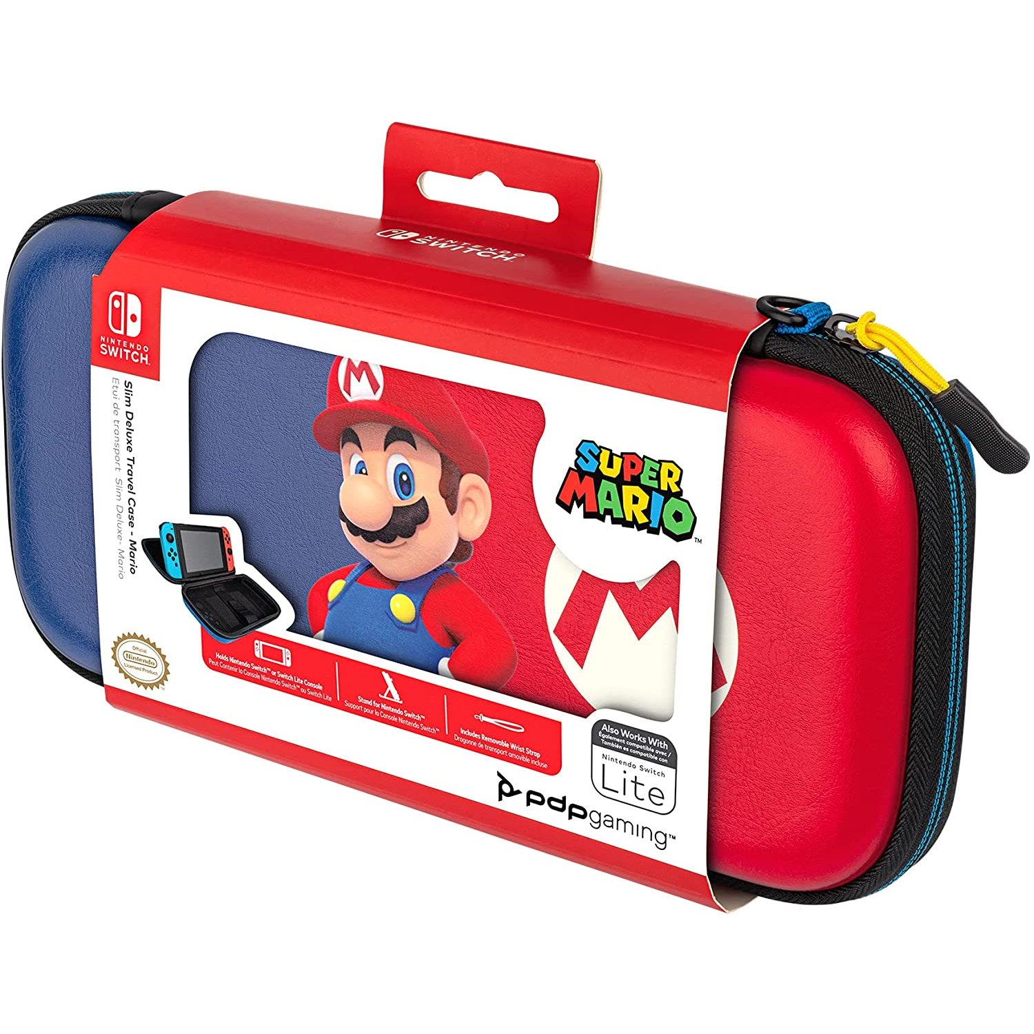 Funda de viaje Nintendo Switch con Mario, diseño rojo y azul, e imagen de la consola.