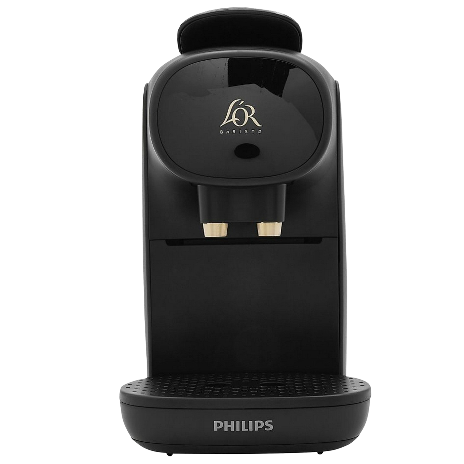 Cafetera L'OR Barista negra sobre fondo negro. Detalles dorados, logo Philips al frente.