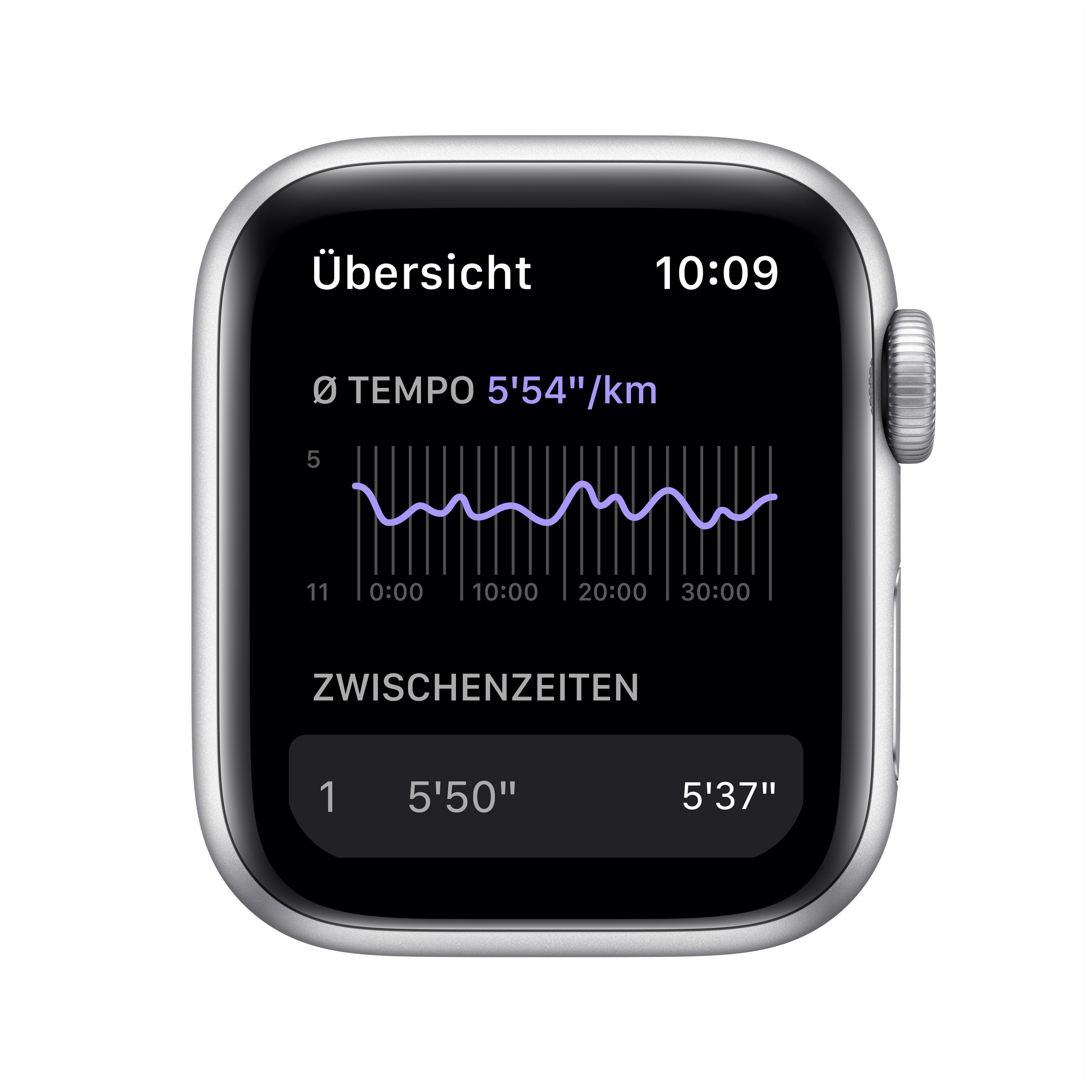 APPLE Watch Nike SE mm, 40mm Silber Smartwatch Fluorelastomer, Armband: Gehäuse: 130 Platinum/Schwarz, Pure 200 (GPS) 