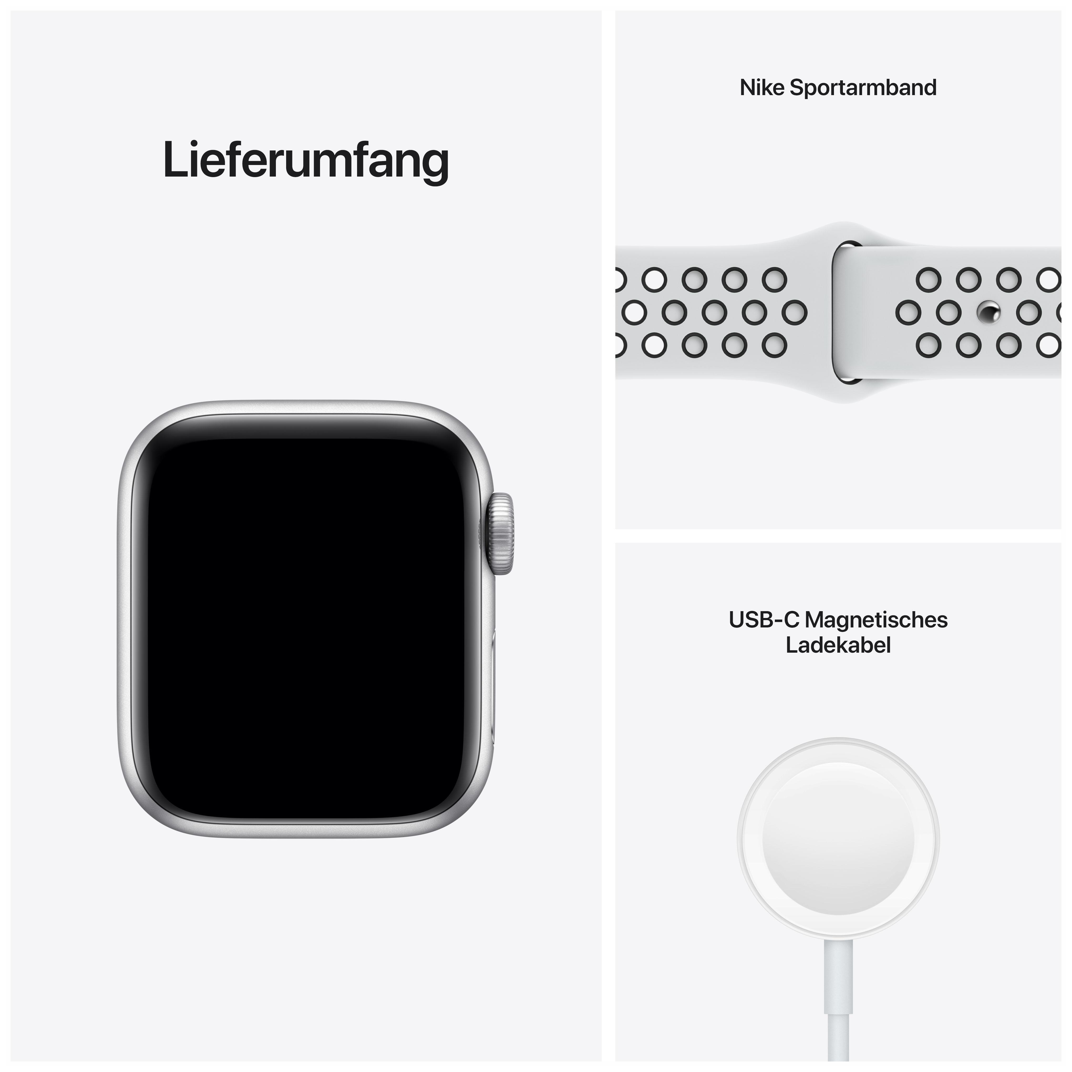 APPLE Watch Nike SE (GPS) 40mm Smartwatch Fluorelastomer, 130 - 200 mm, Armband: Pure Platinum/Schwarz, Gehäuse: Silber
