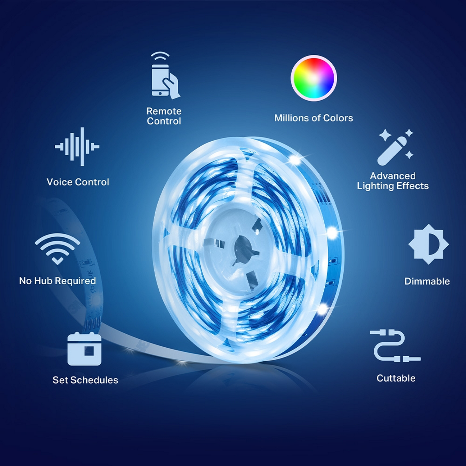 Tira LED con iconos: control remoto, voz, sin concentrador, programar, millones colores, efectos, regulable, cortable.