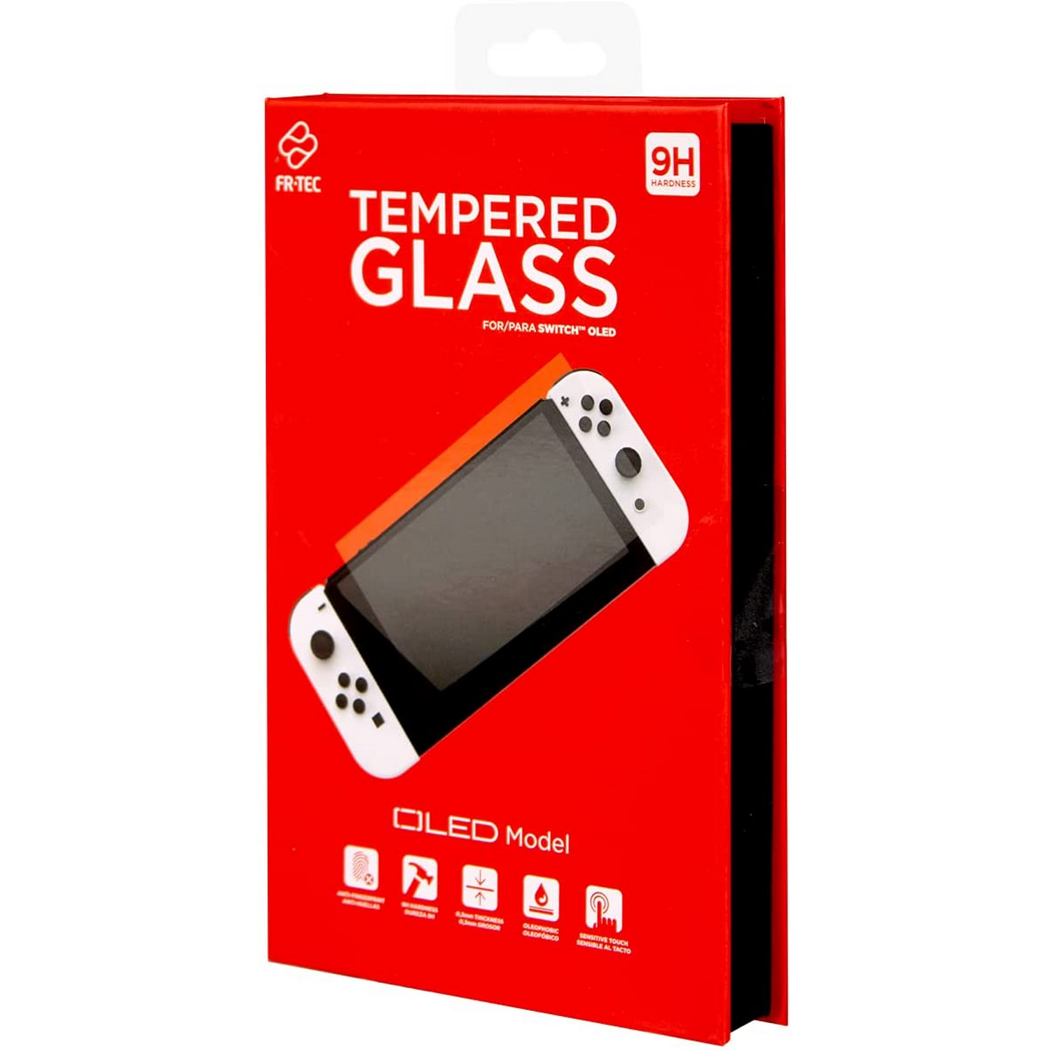 Caja roja con cristal templado para Nintendo Switch OLED. Muestra la Switch y pegatina 9H.