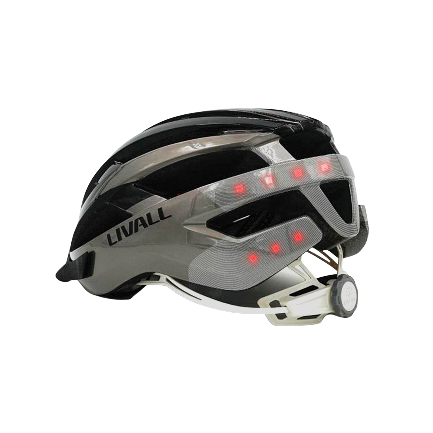 Casco de ciclismo Livall negro y gris con luces rojas. El casco tiene una correa de barbilla blanca.