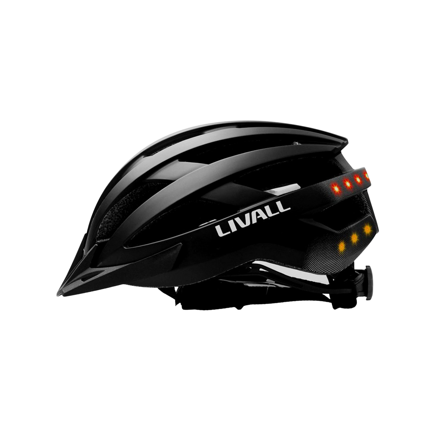 Casco de bicicleta Livall negro. Cuenta con luces rojas y amarillas en la parte trasera. Fondo negro.