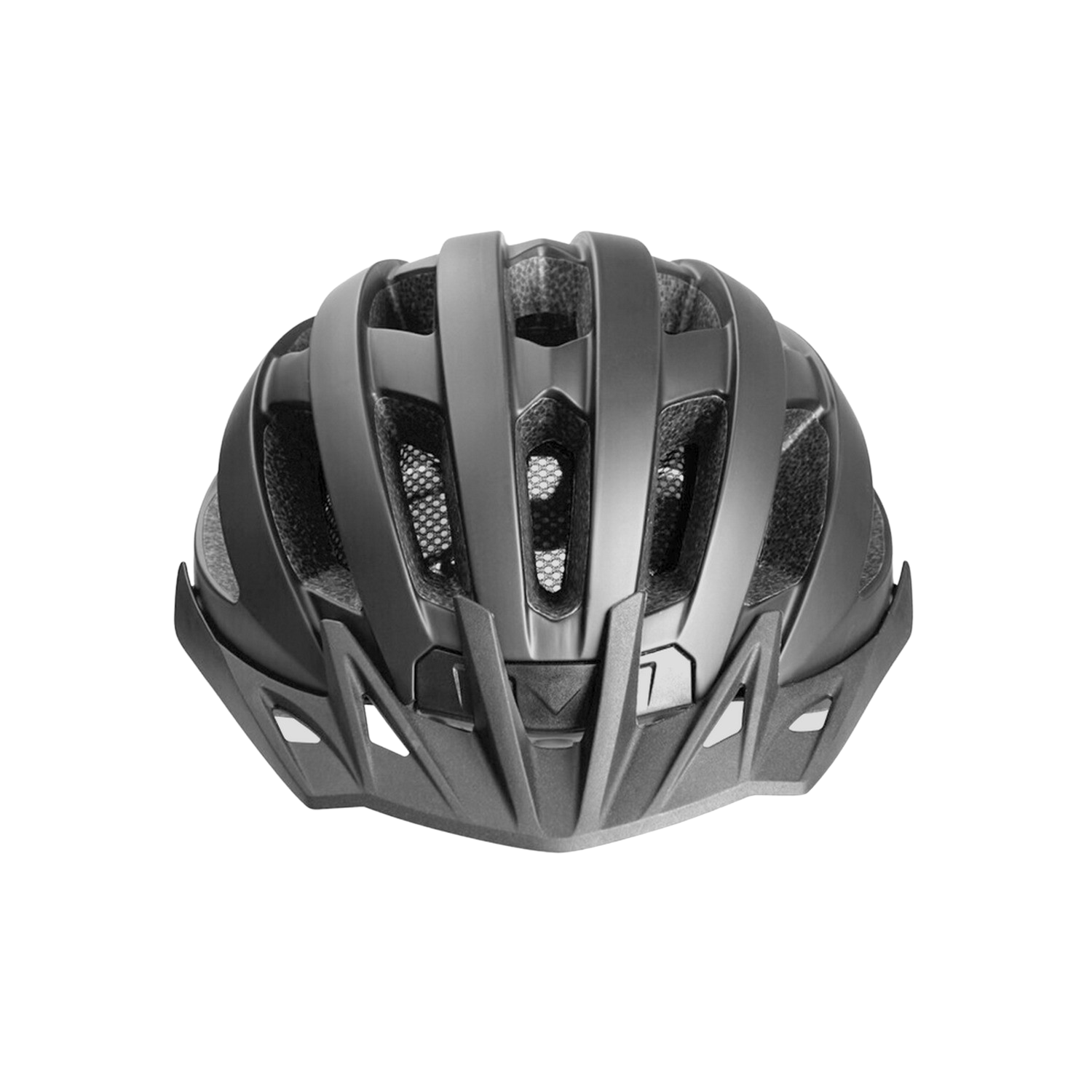 Un casco de bicicleta negro, visto desde arriba, con visera y ventilación.