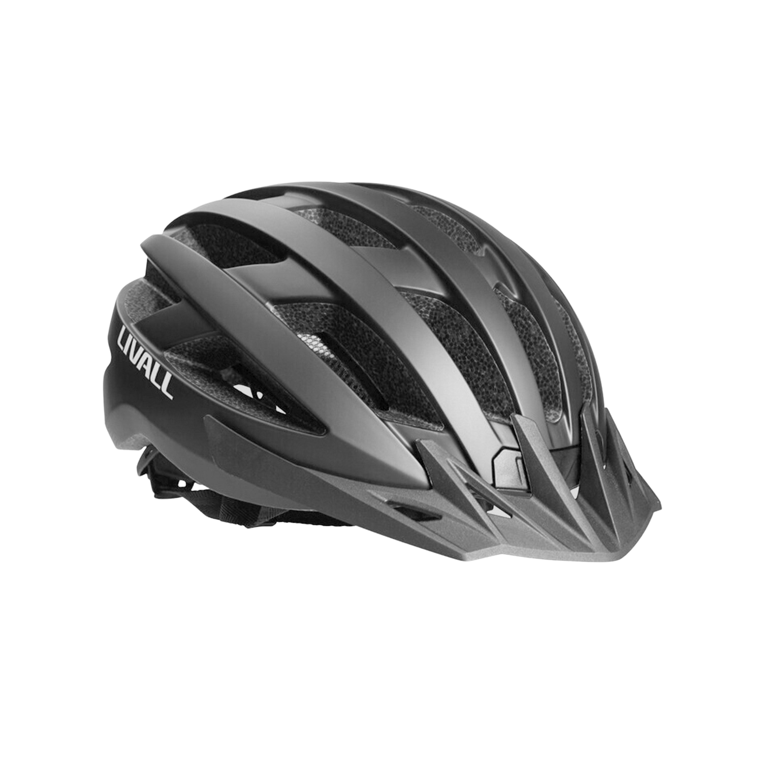 Un casco Livall negro descansa sobre un fondo negro. El casco está inclinado hacia abajo.