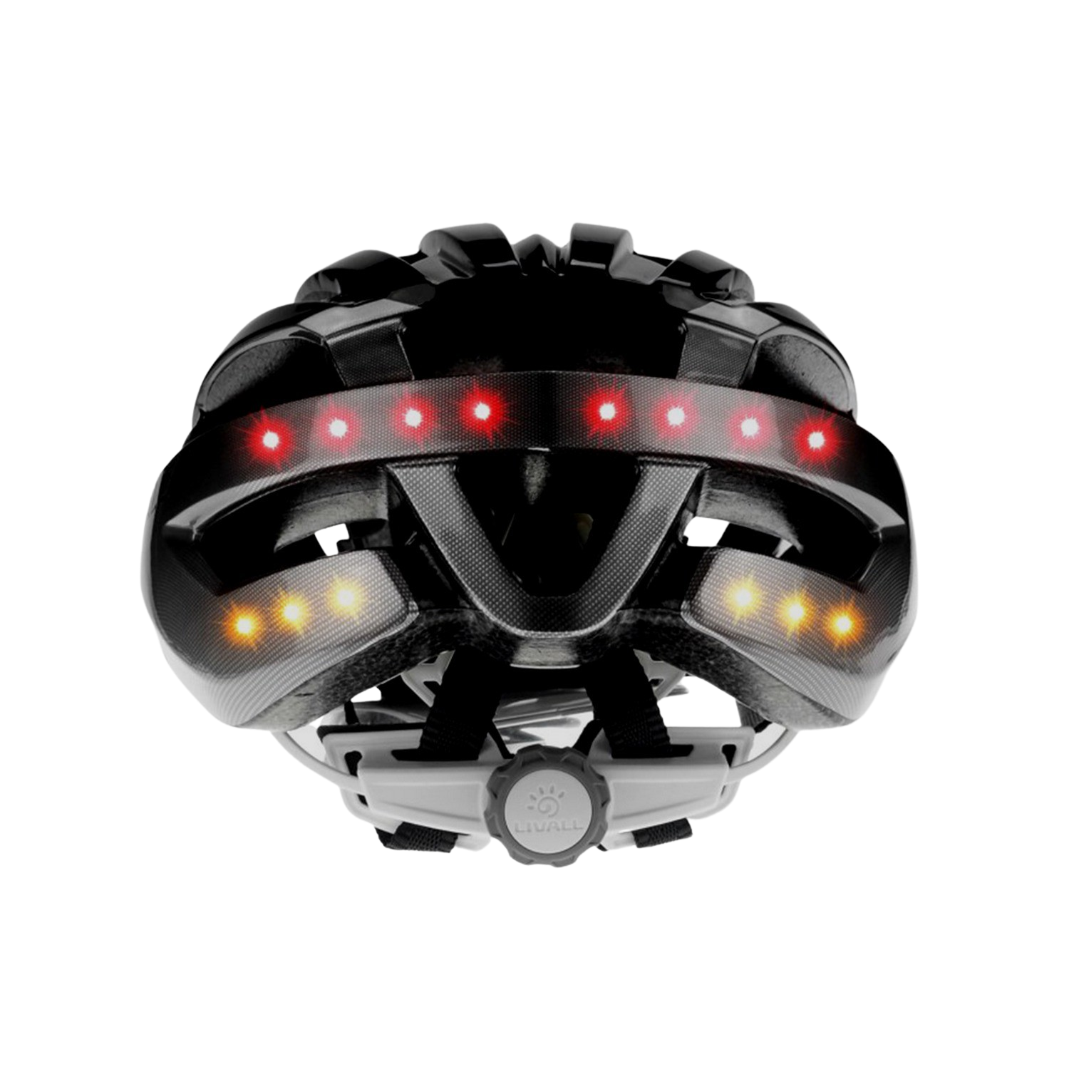 Casco de bicicleta negro con luces traseras rojas y luces laterales amarillas encendidas.