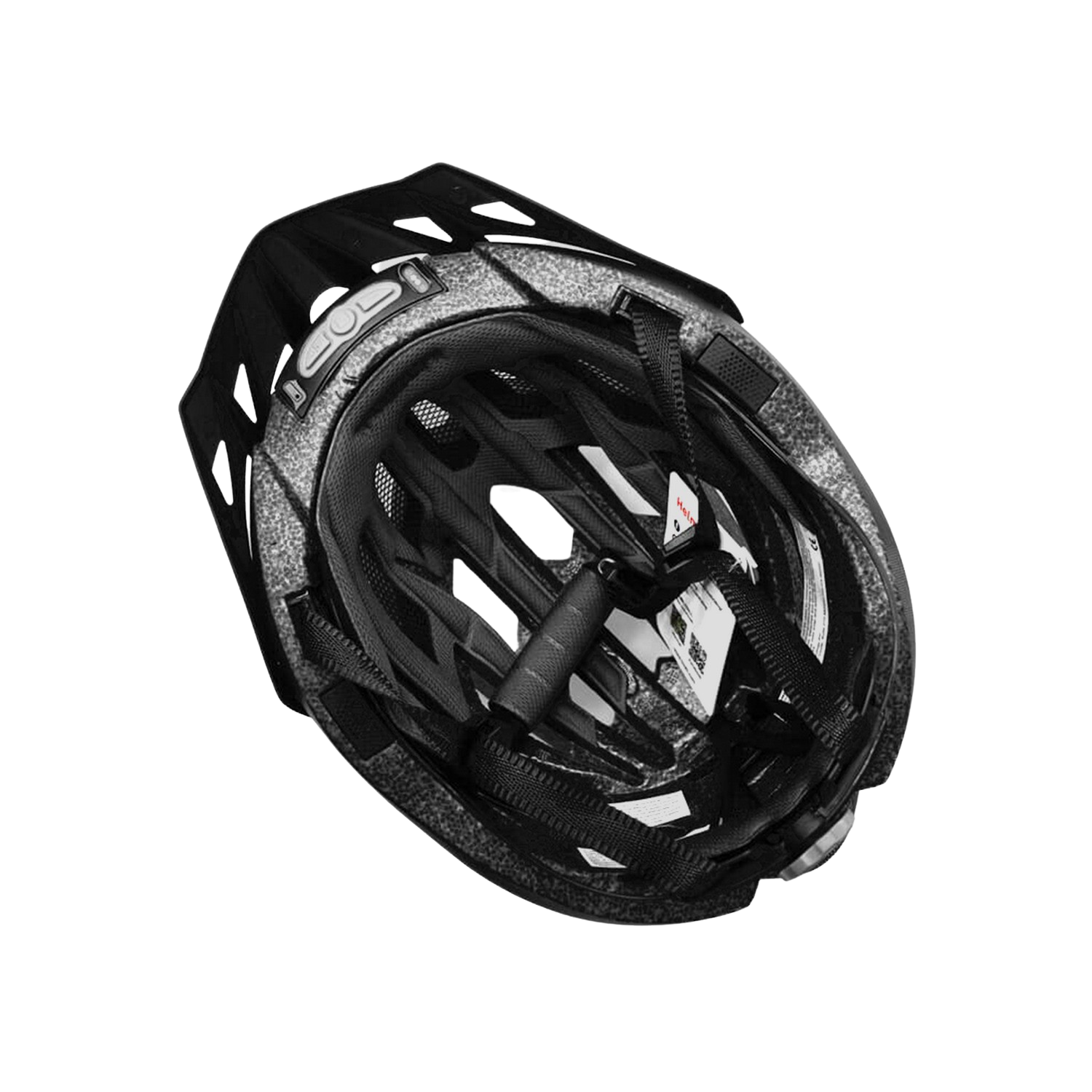 Casco de bicicleta negro, vista interior. Correas negras y estructura interna visibles. Fondo negro.
