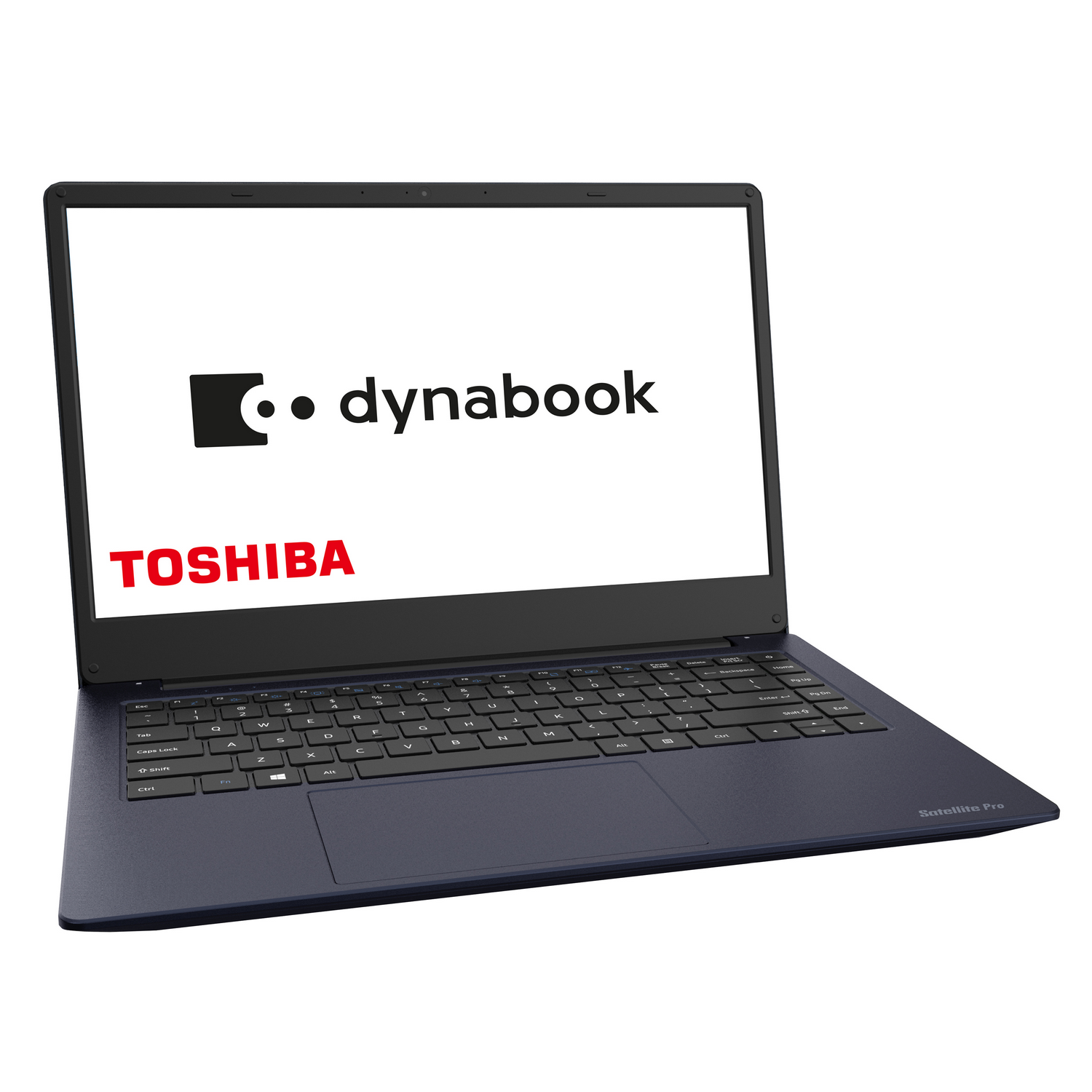 Portátil Dynabook con logo Toshiba en la pantalla, carcasa azul.