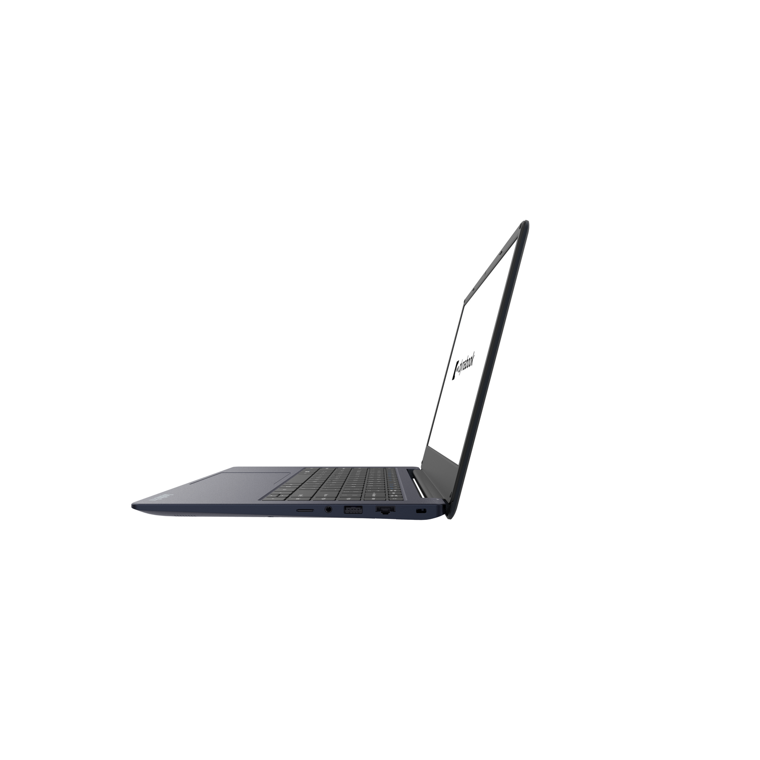 Una laptop azul oscuro cerrada se ve de lado. Está sobre un fondo blanco.