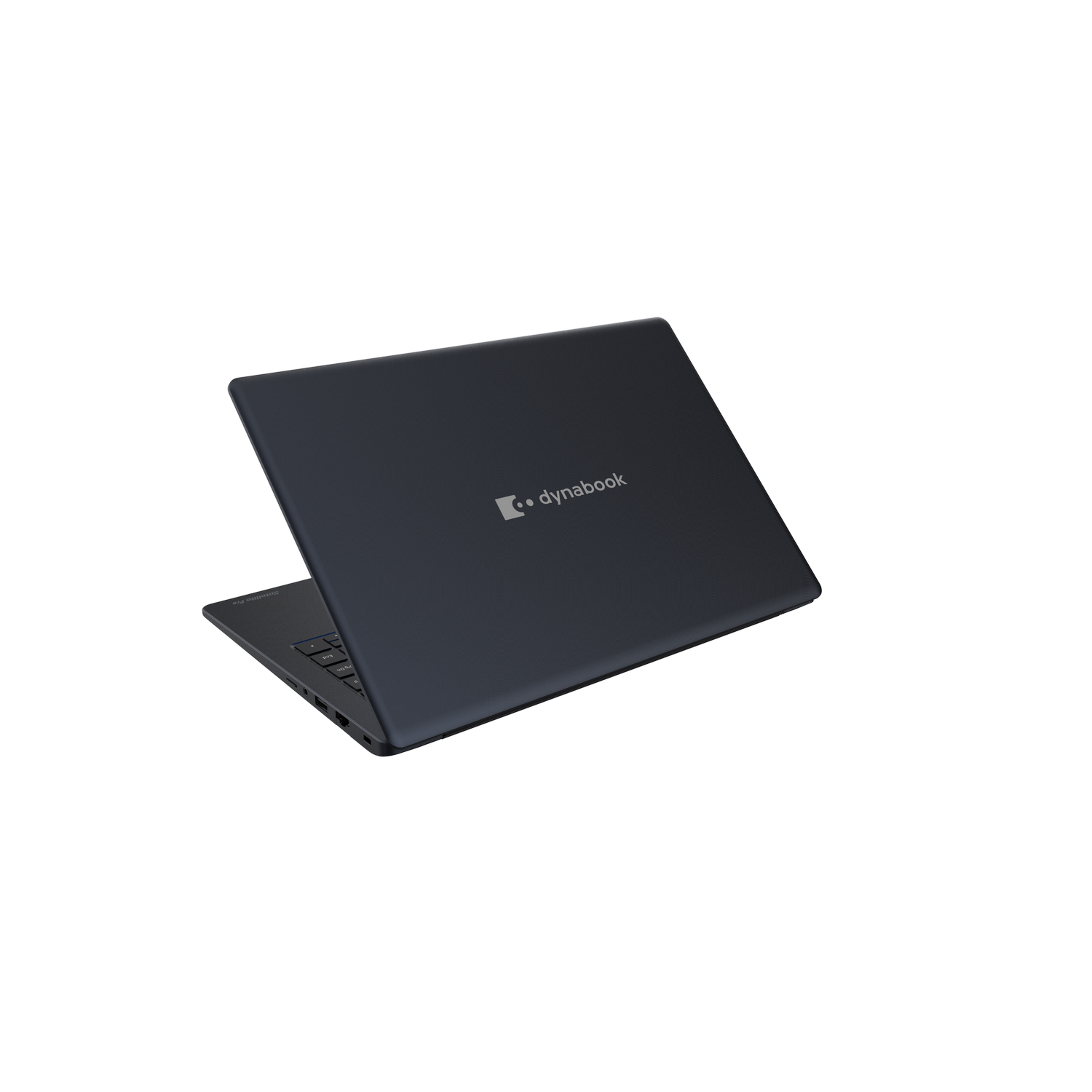 Portátil Dynabook azul oscuro visto desde la parte trasera, cerrado. Logotipo de Dynabook en el medio.