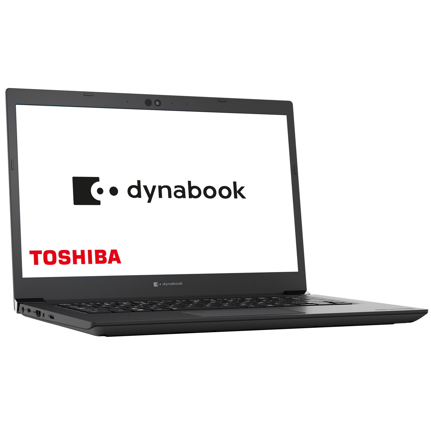 Un portátil negro con los logotipos de Dynabook y Toshiba en la pantalla.