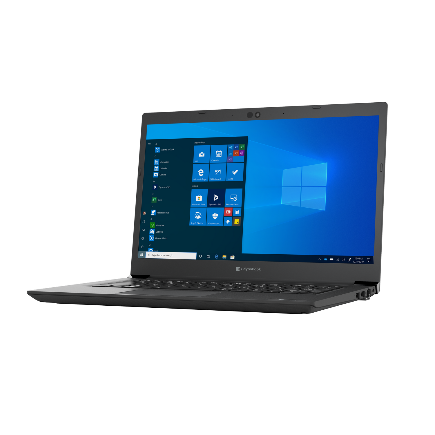 Portátil Dynabook negro abierto, mostrando la interfaz de Windows.