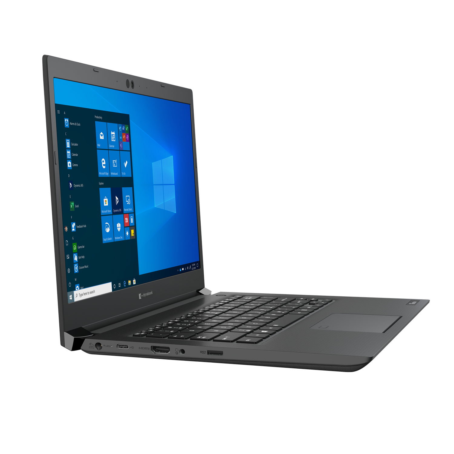 Un portátil negro con una pantalla azul que muestra la interfaz de Windows, sobre una superficie oscura.