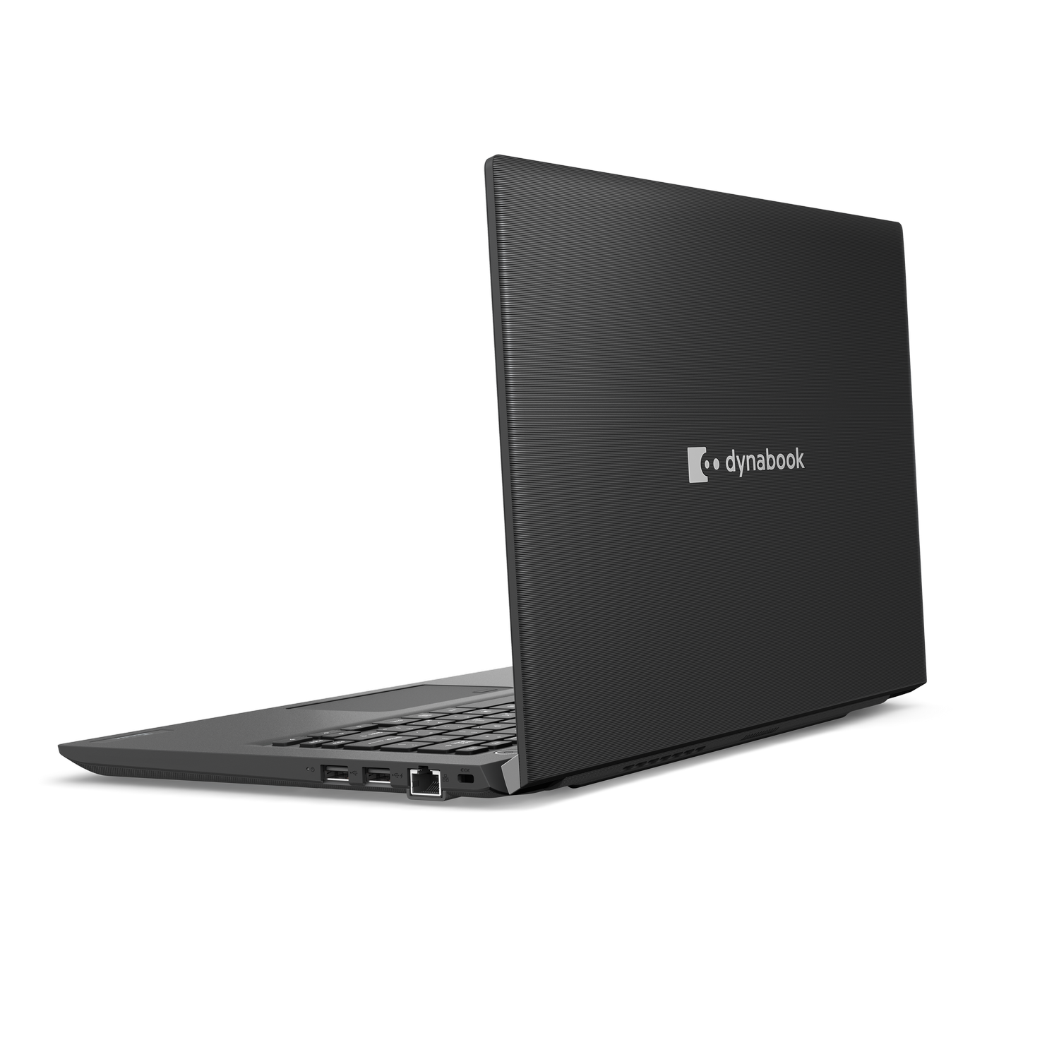 Un portátil Dynabook negro, ligeramente abierto, con el logotipo de Dynabook en la tapa.