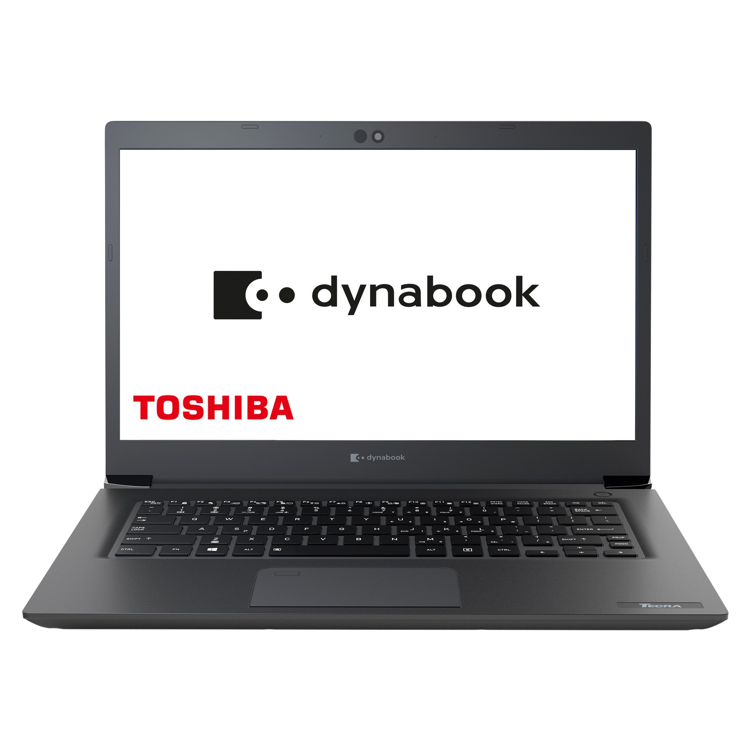Un portátil con los logotipos de Dynabook y Toshiba en la pantalla, sobre un fondo negro.