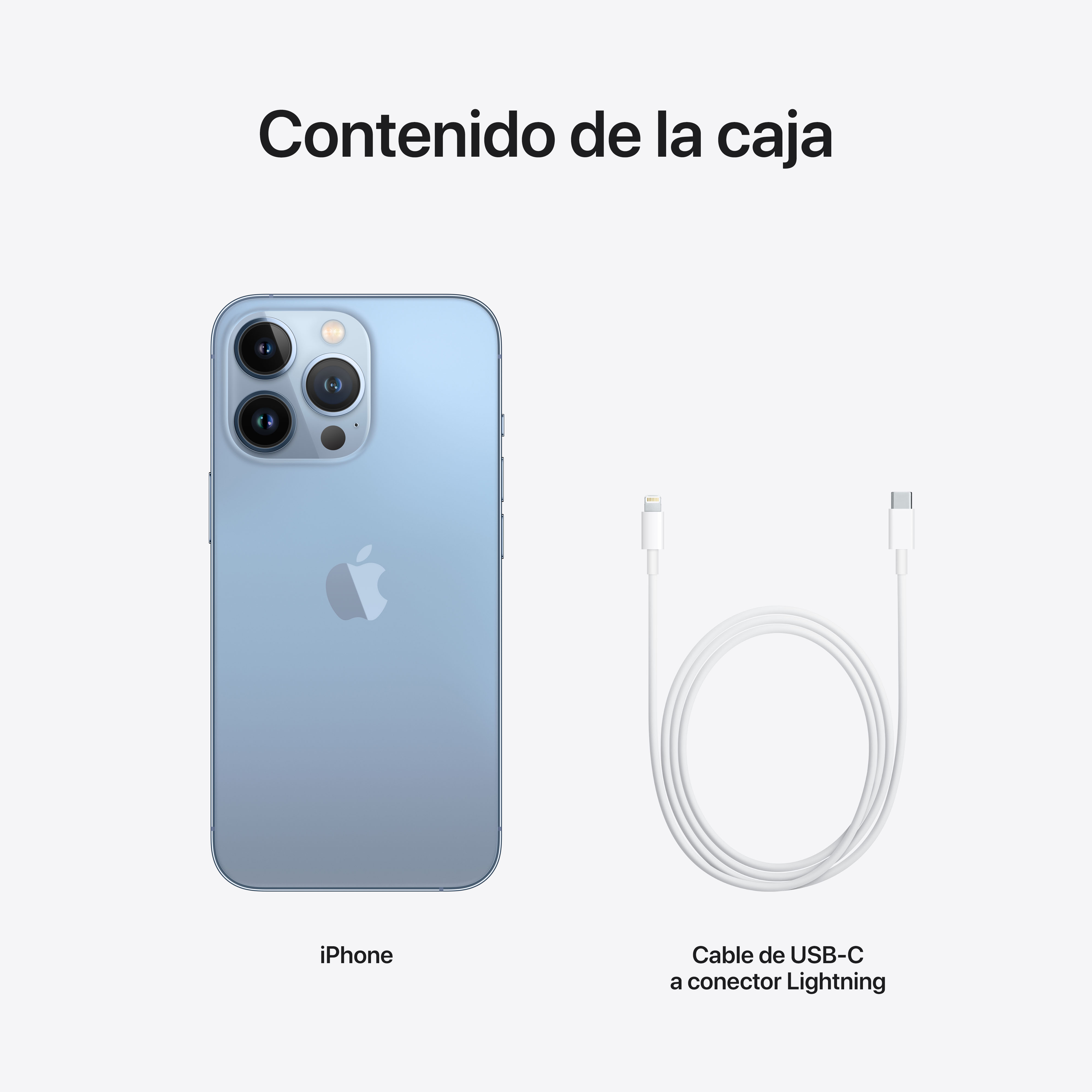 Un iPhone y un cable USB-C a Lightning, etiquetado en español como 'Cable de USB-C a conector Lightning'.