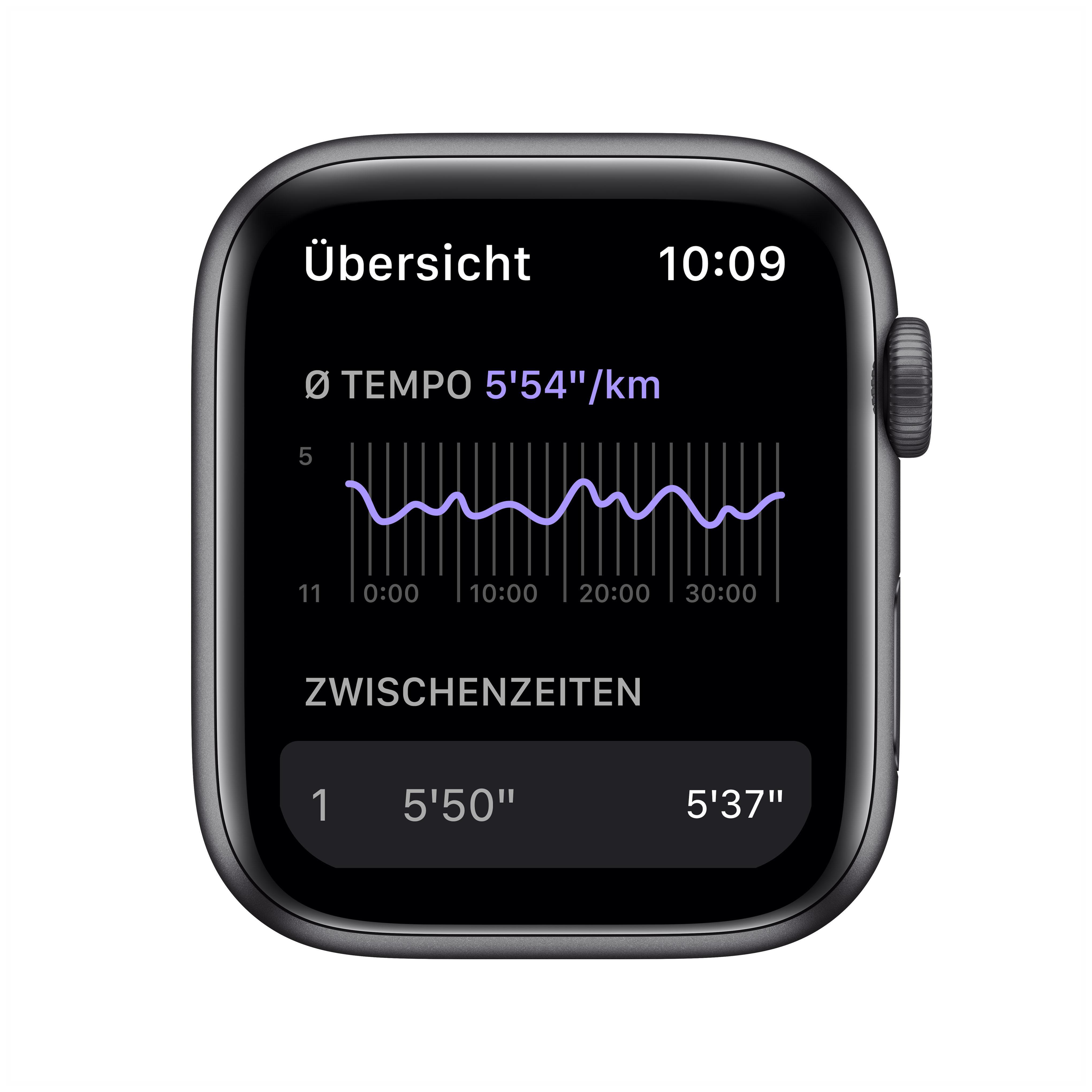 Apple Watch-Bildschirm mit Trainingsdaten, einschließlich Tempo, Zeit und Diagramm.