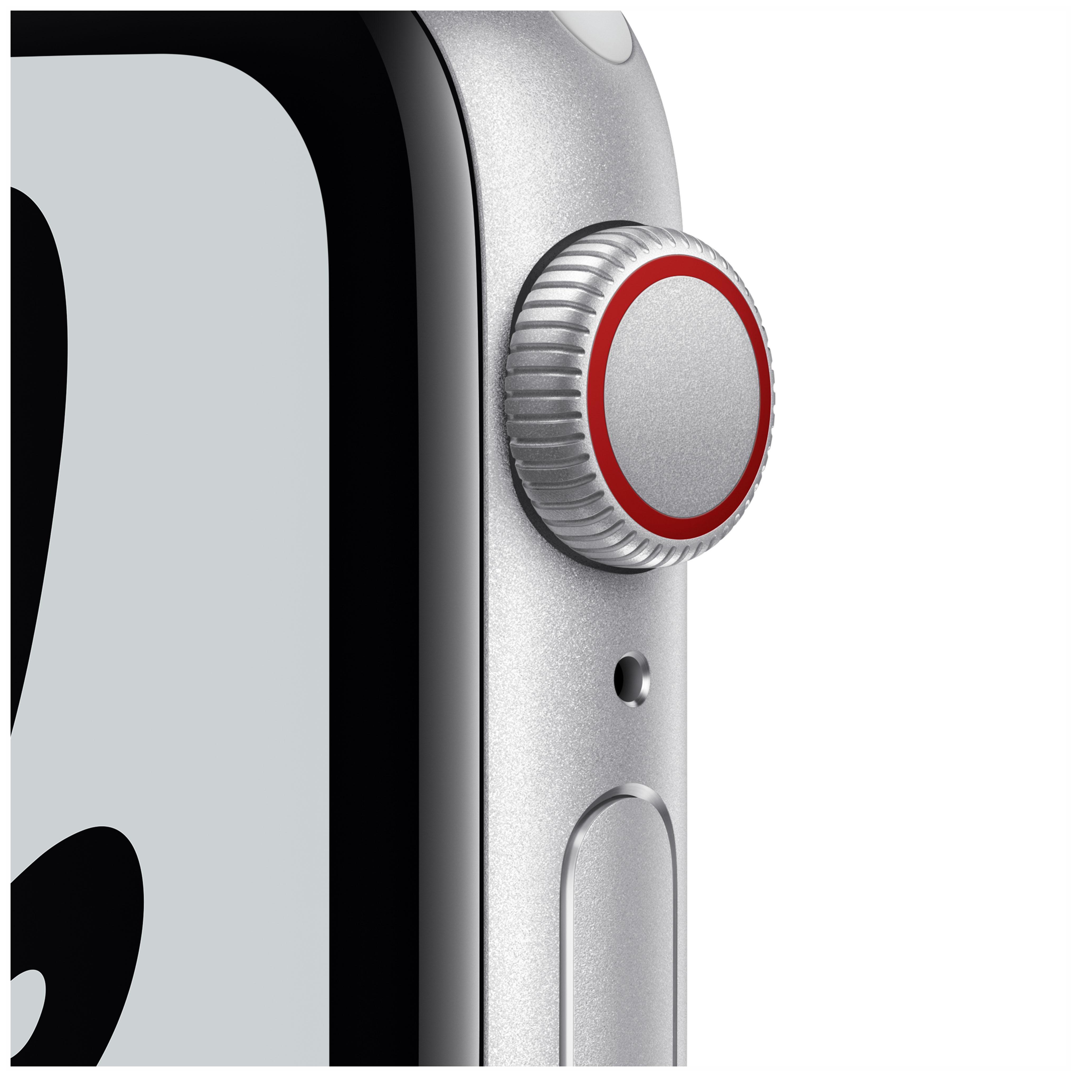 APPLE Watch SE Nike (GPS + Cellular) 40mm Smartwatch Fluorelastomer, 130 - 200 mm, Armband: Pure Platinum/Schwarz, Gehäuse: Silber