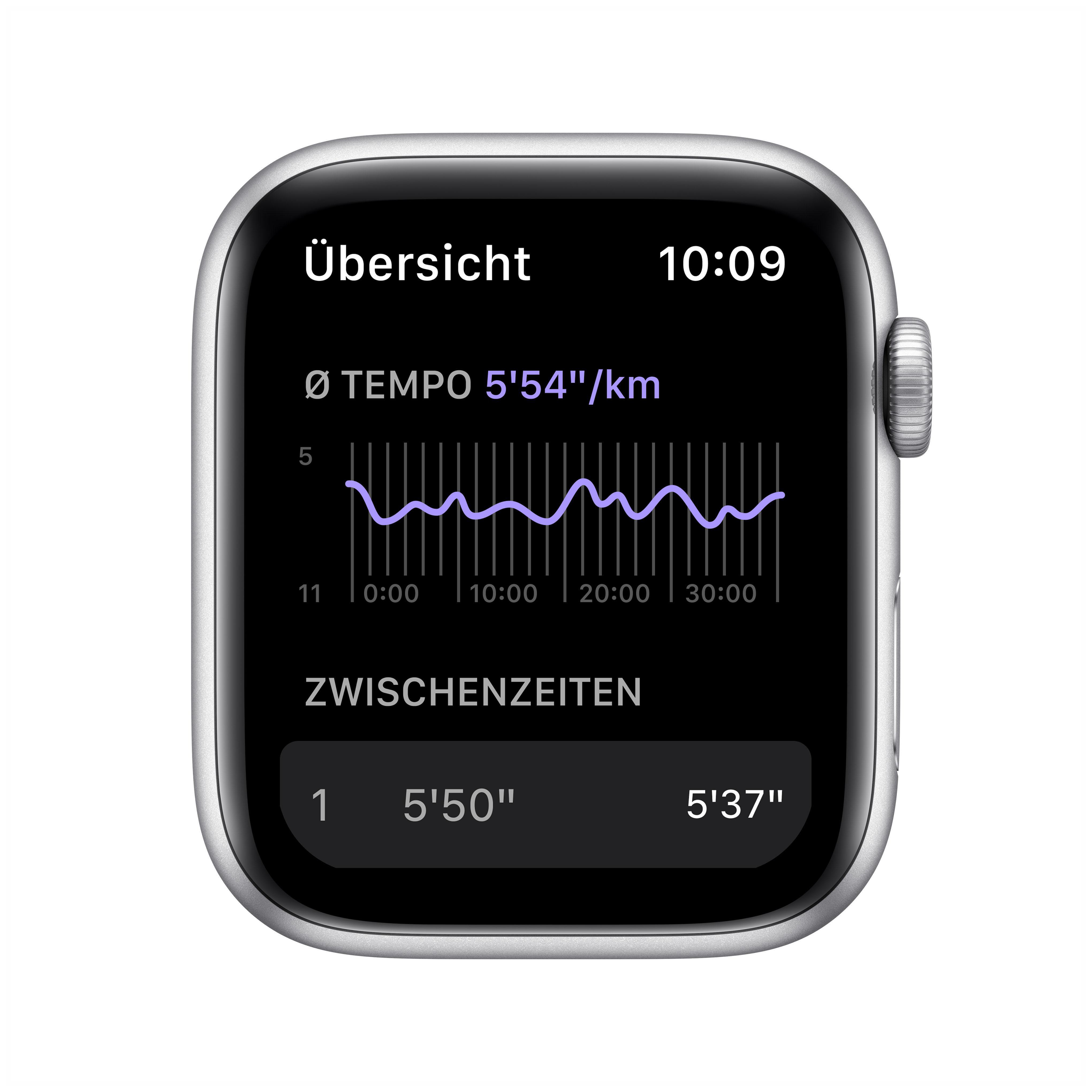 APPLE Watch SE Nike (GPS) 44mm Smartwatch Fluorelastomer, 140 - 220 mm, Armband: Pure Platinum/Schwarz, Gehäuse: Silber