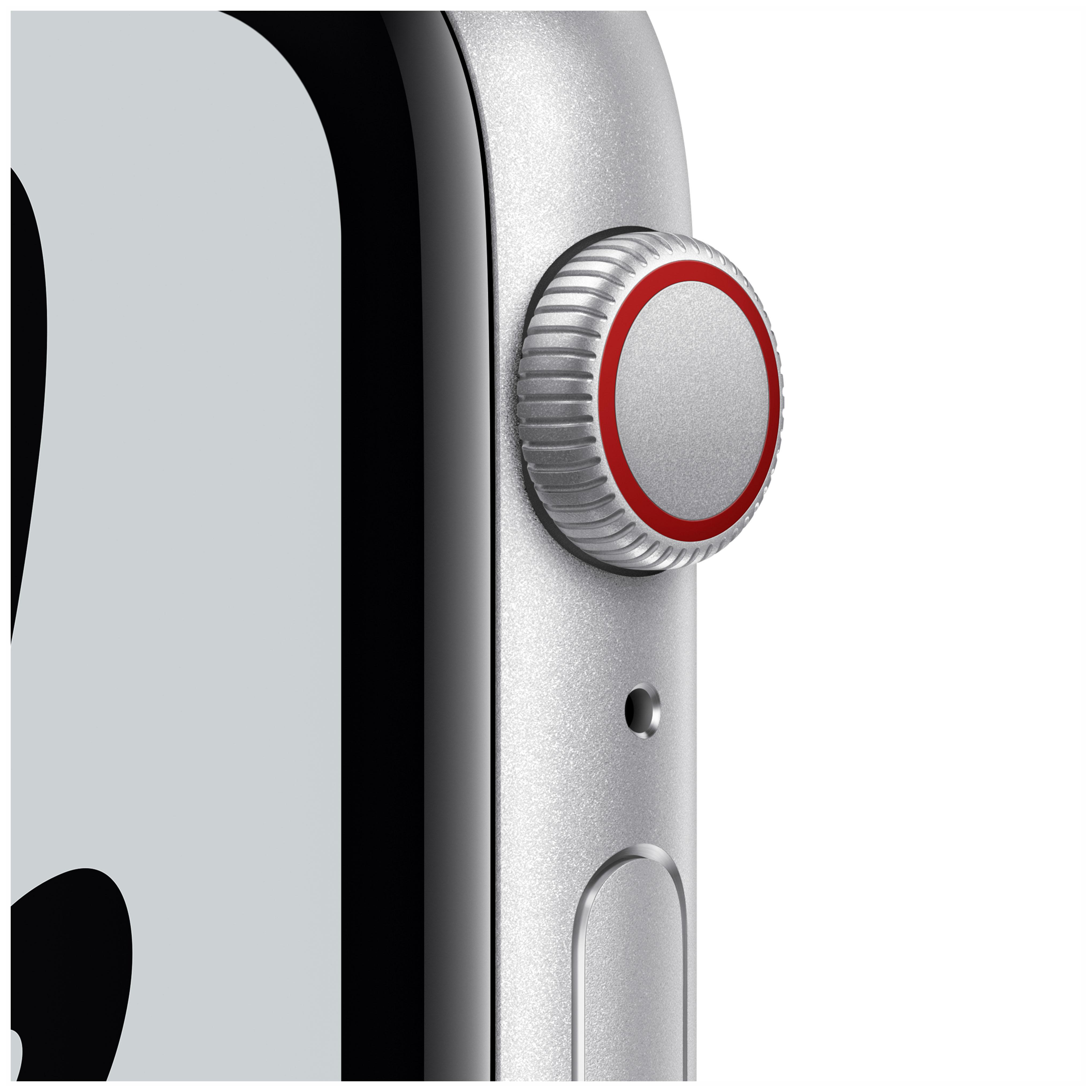 APPLE Watch SE Nike (GPS + Cellular) 44mm Smartwatch Fluorelastomer, 140 - 220 mm, Armband: Pure Platinum/Schwarz, Gehäuse: Silber