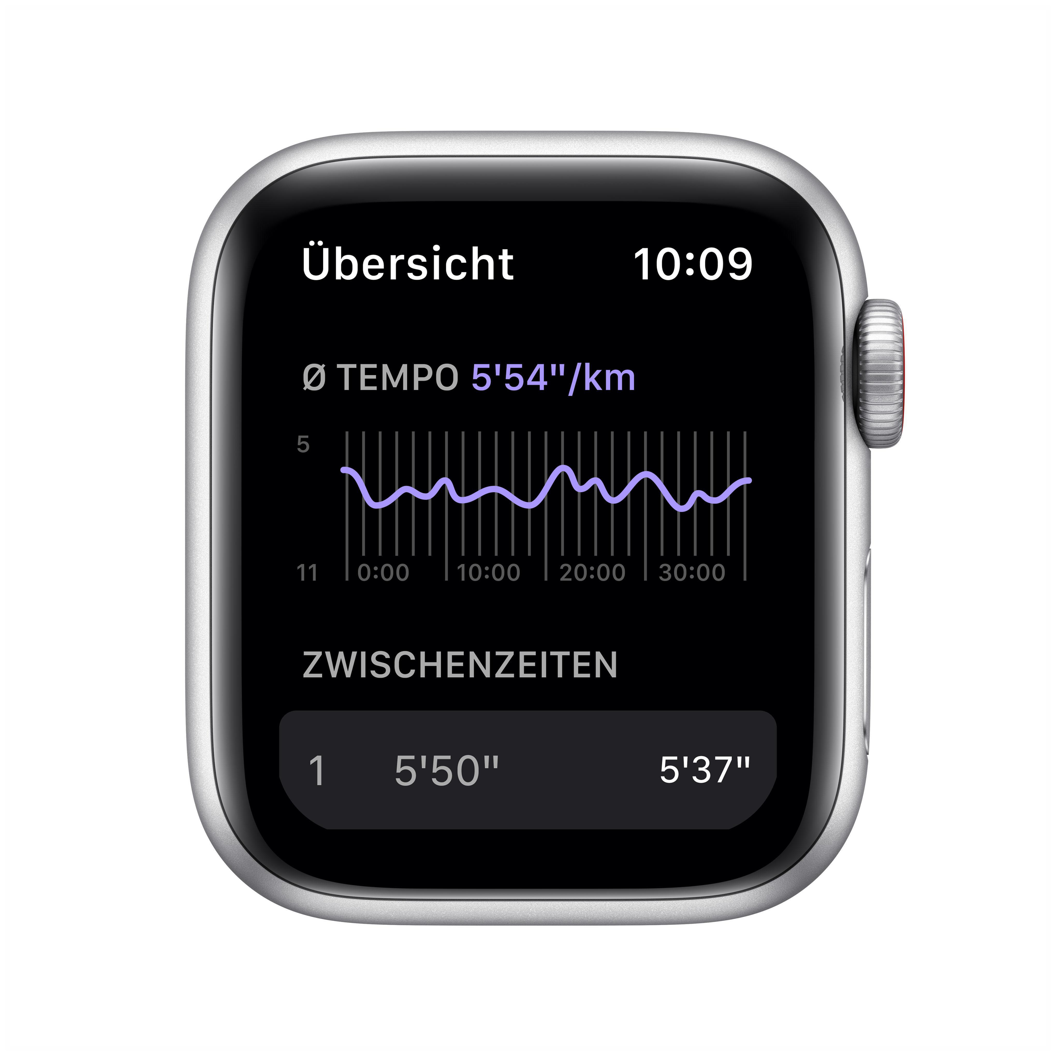APPLE Watch SE Nike (GPS + Cellular) 40mm Smartwatch Fluorelastomer, 130 - 200 mm, Armband: Pure Platinum/Schwarz, Gehäuse: Silber