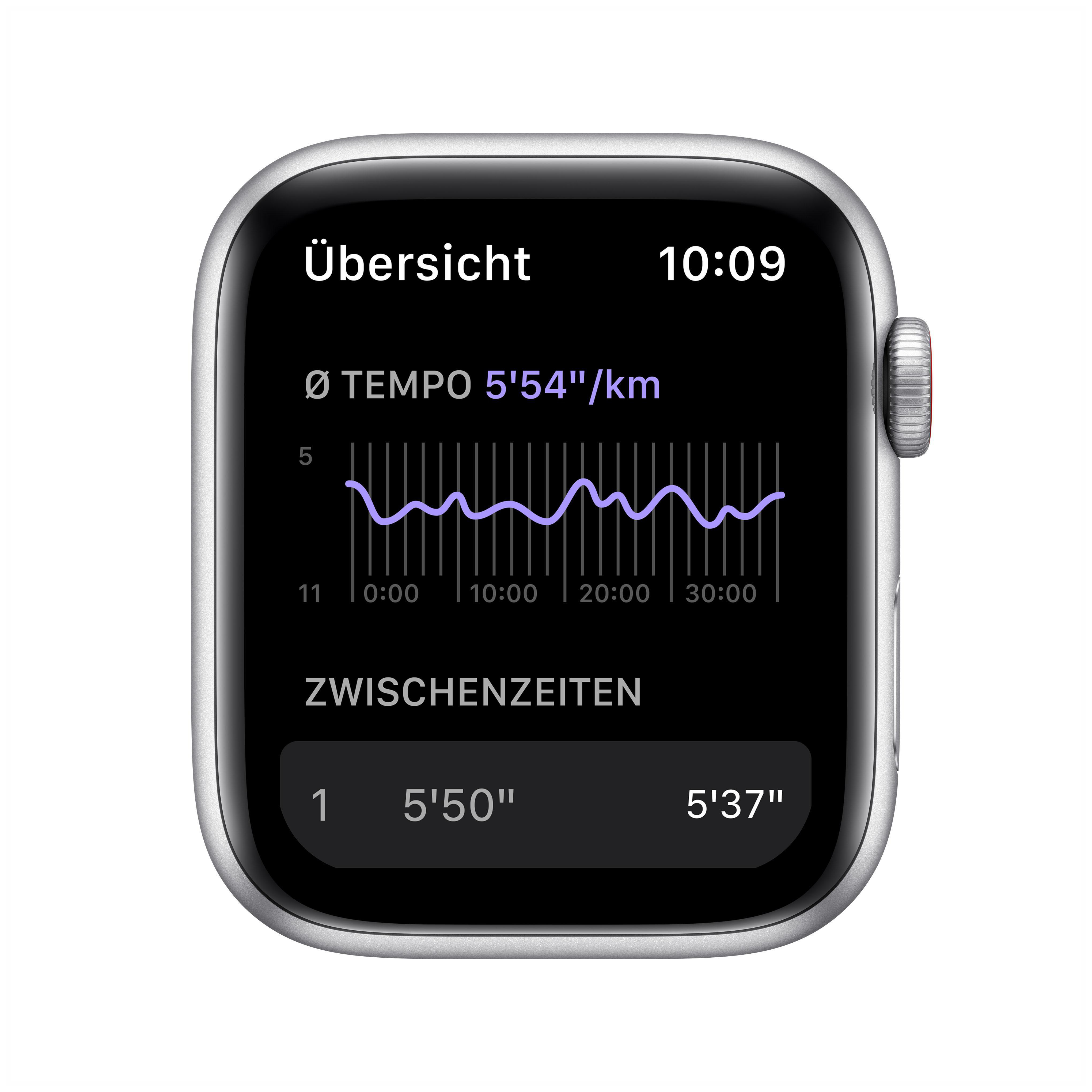 APPLE Watch SE Nike (GPS + Cellular) 44mm Smartwatch Fluorelastomer, 140 - 220 mm, Armband: Pure Platinum/Schwarz, Gehäuse: Silber
