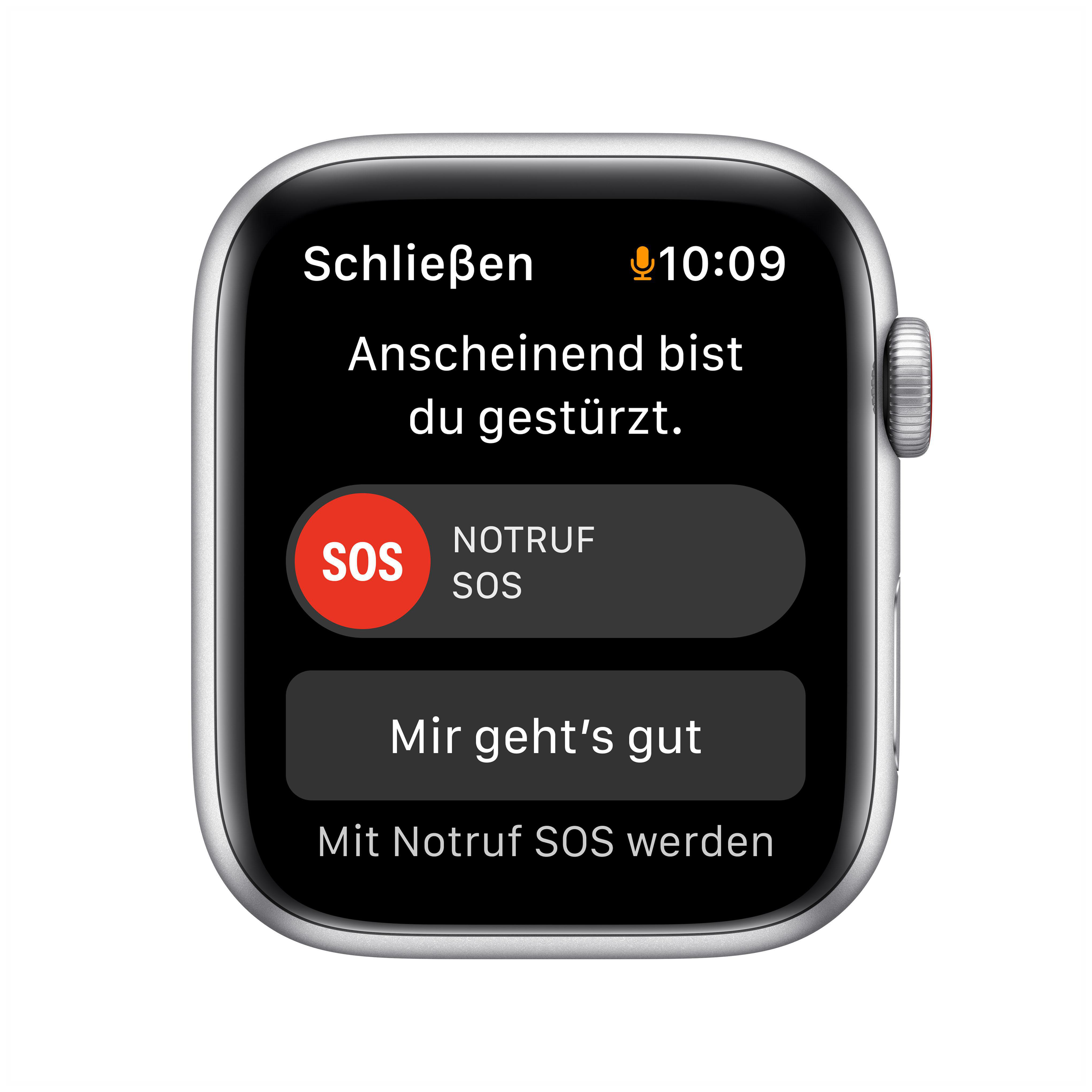 APPLE Watch SE Nike (GPS + Cellular) 44mm Smartwatch Fluorelastomer, 140 - 220 mm, Armband: Pure Platinum/Schwarz, Gehäuse: Silber