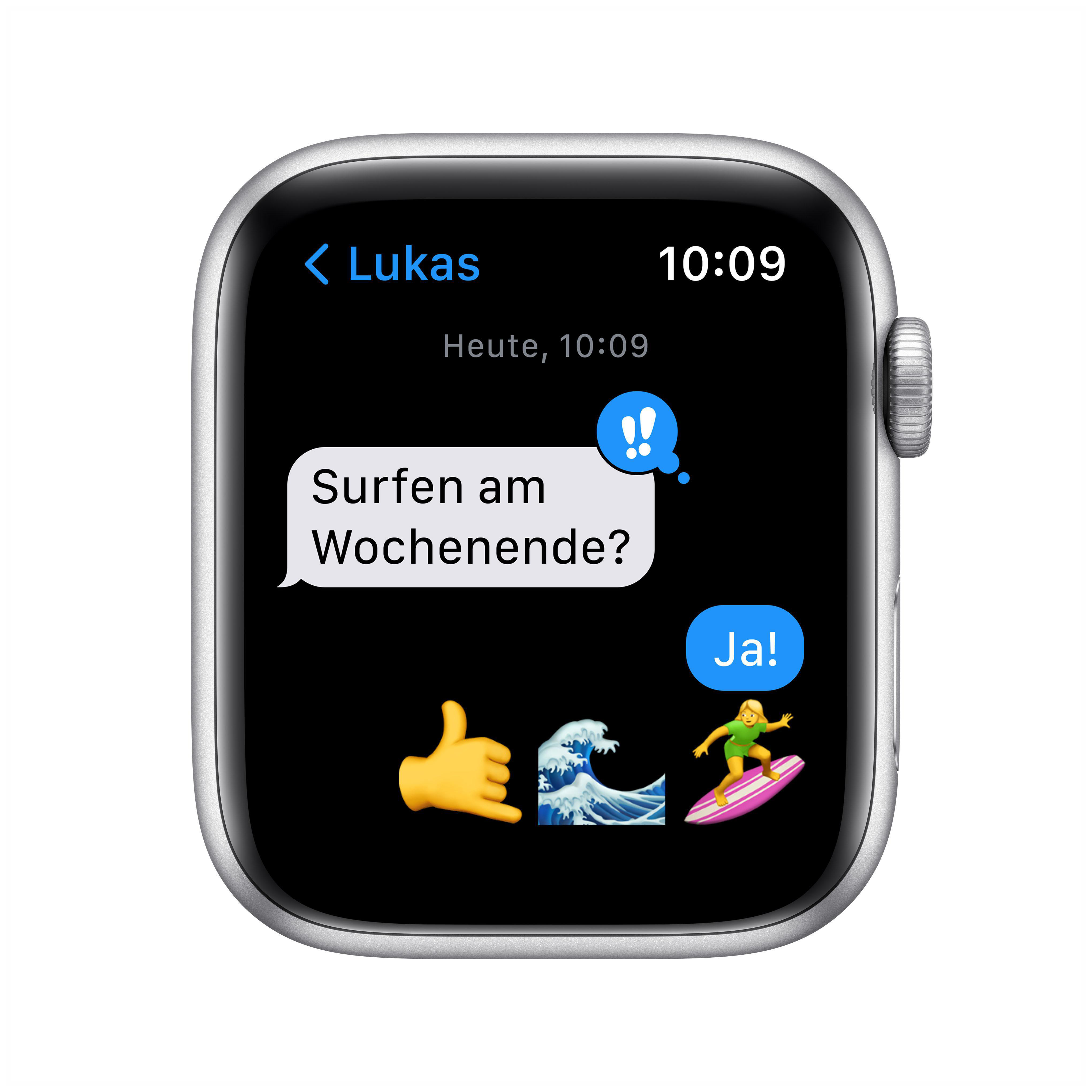 APPLE Watch SE Nike (GPS) 44mm Smartwatch Fluorelastomer, 140 - 220 mm, Armband: Pure Platinum/Schwarz, Gehäuse: Silber