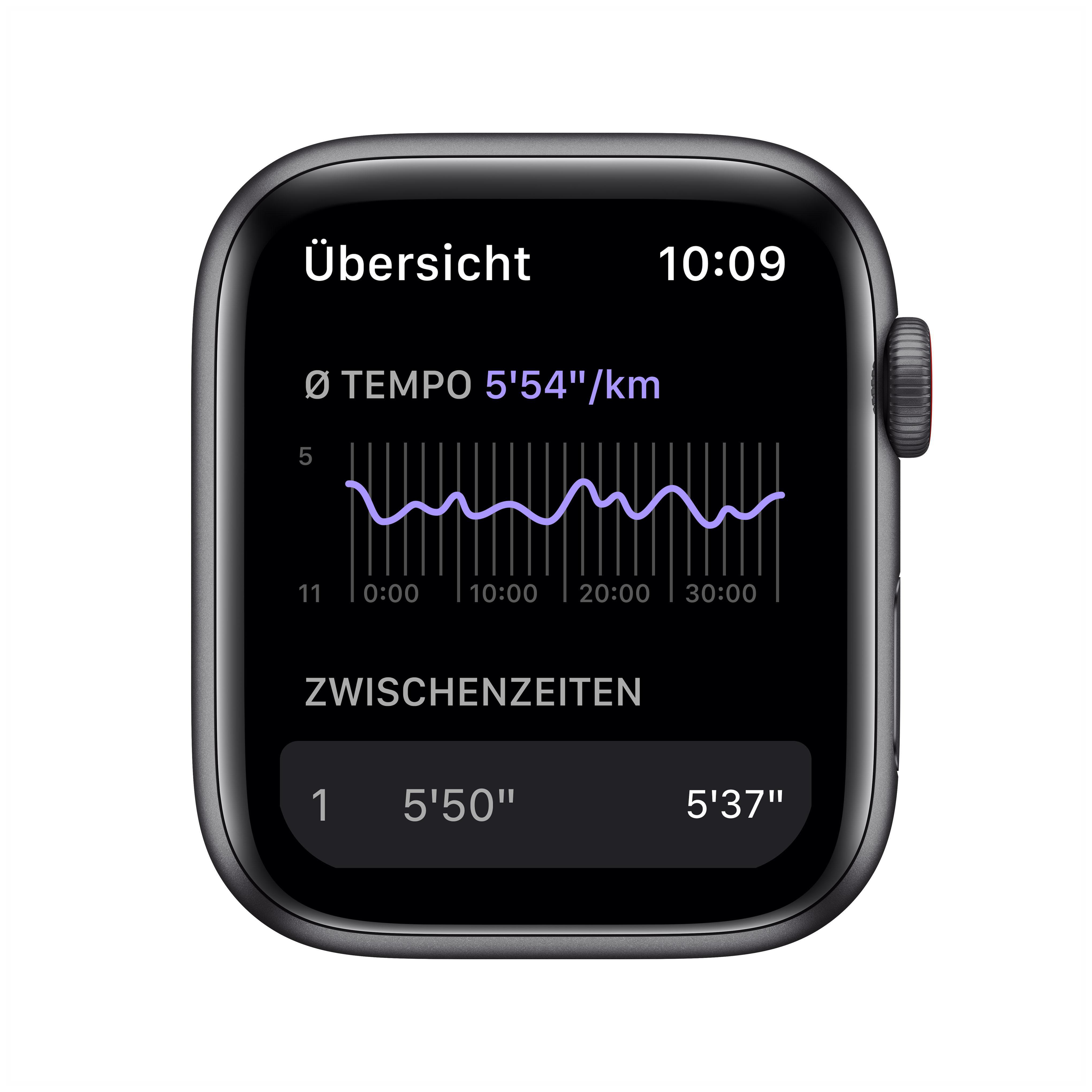 APPLE Watch SE Nike (GPS + Cellular) 44mm Smartwatch Fluorelastomer, 140 - 220 mm, Armband: Anthrazit/Schwarz, Gehäuse: Space Grau