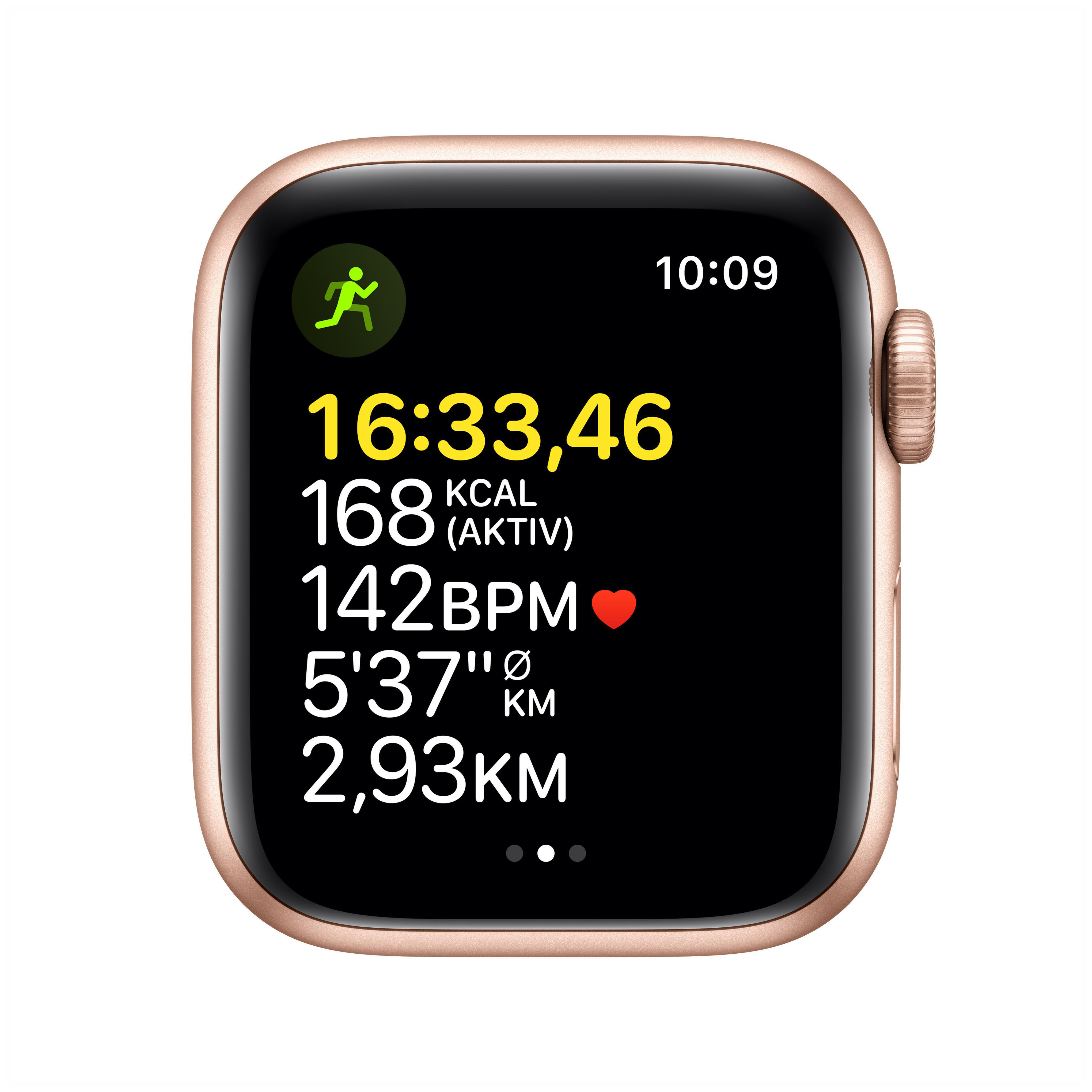 Goldene Apple Watch mit Laufmetriken. Zeigt Zeit, Herzfrequenz, Distanz und Kalorien.