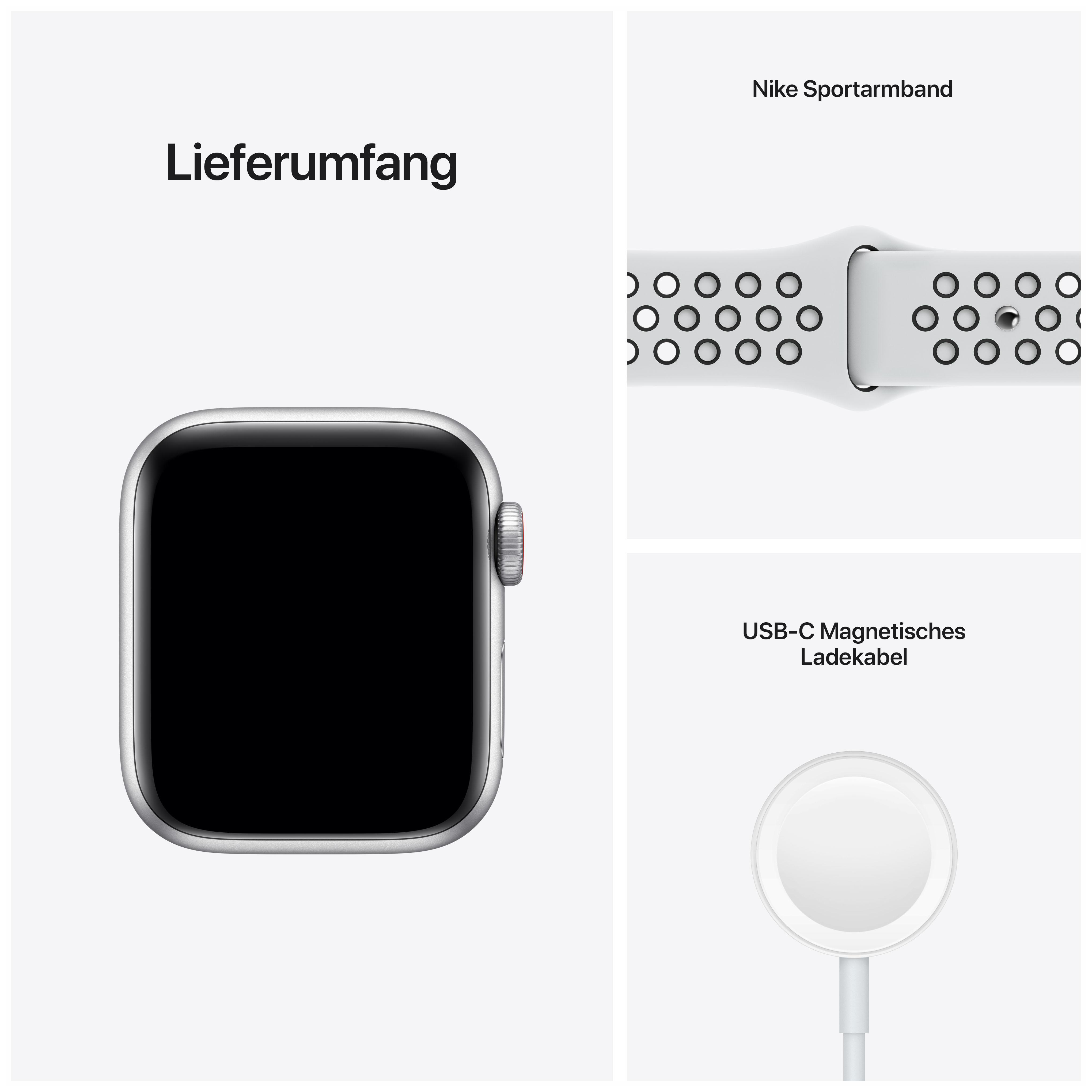 APPLE Watch SE Nike (GPS + Cellular) 40mm Smartwatch Fluorelastomer, 130 - 200 mm, Armband: Pure Platinum/Schwarz, Gehäuse: Silber