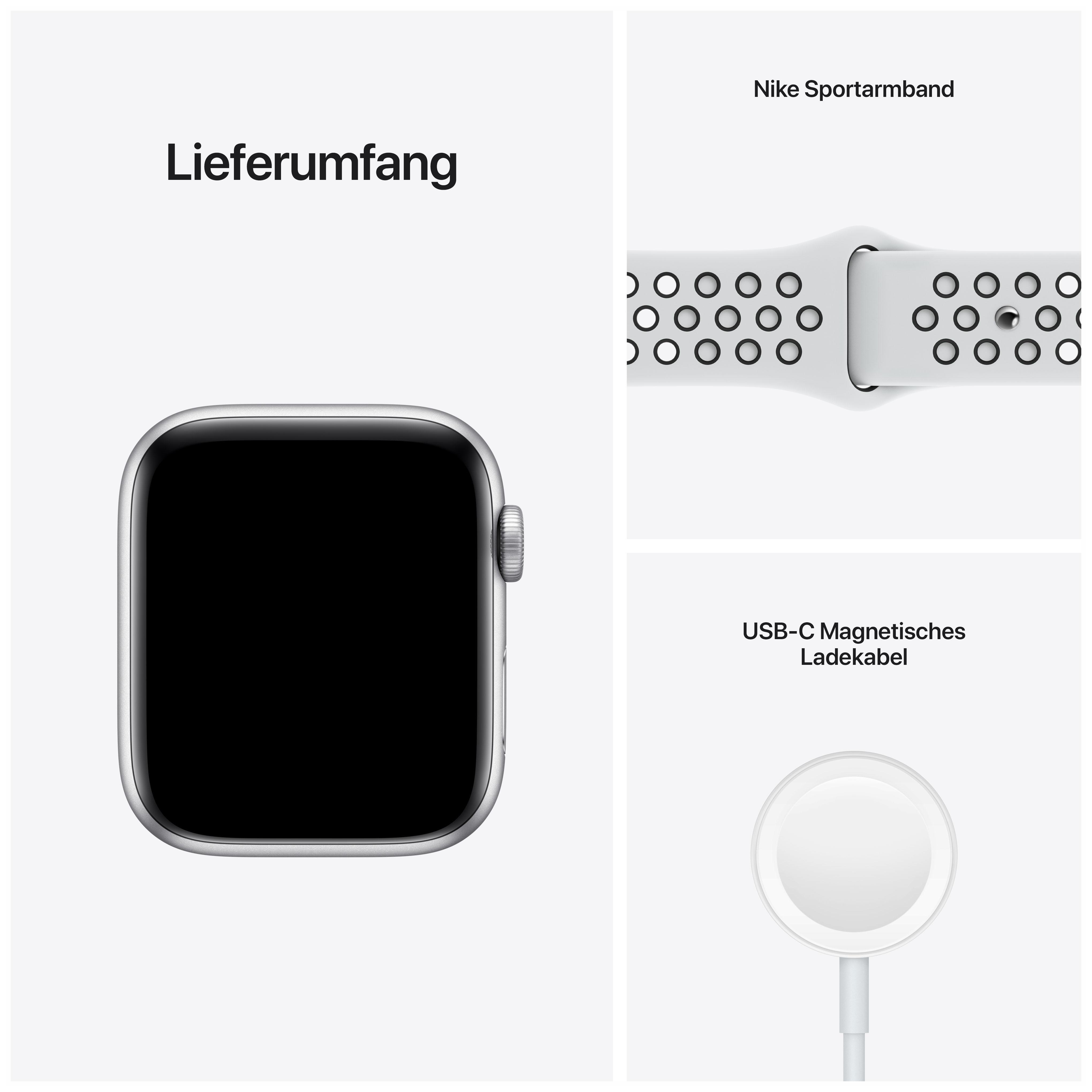APPLE Watch SE Nike (GPS) 44mm Smartwatch Fluorelastomer, 140 - 220 mm, Armband: Pure Platinum/Schwarz, Gehäuse: Silber
