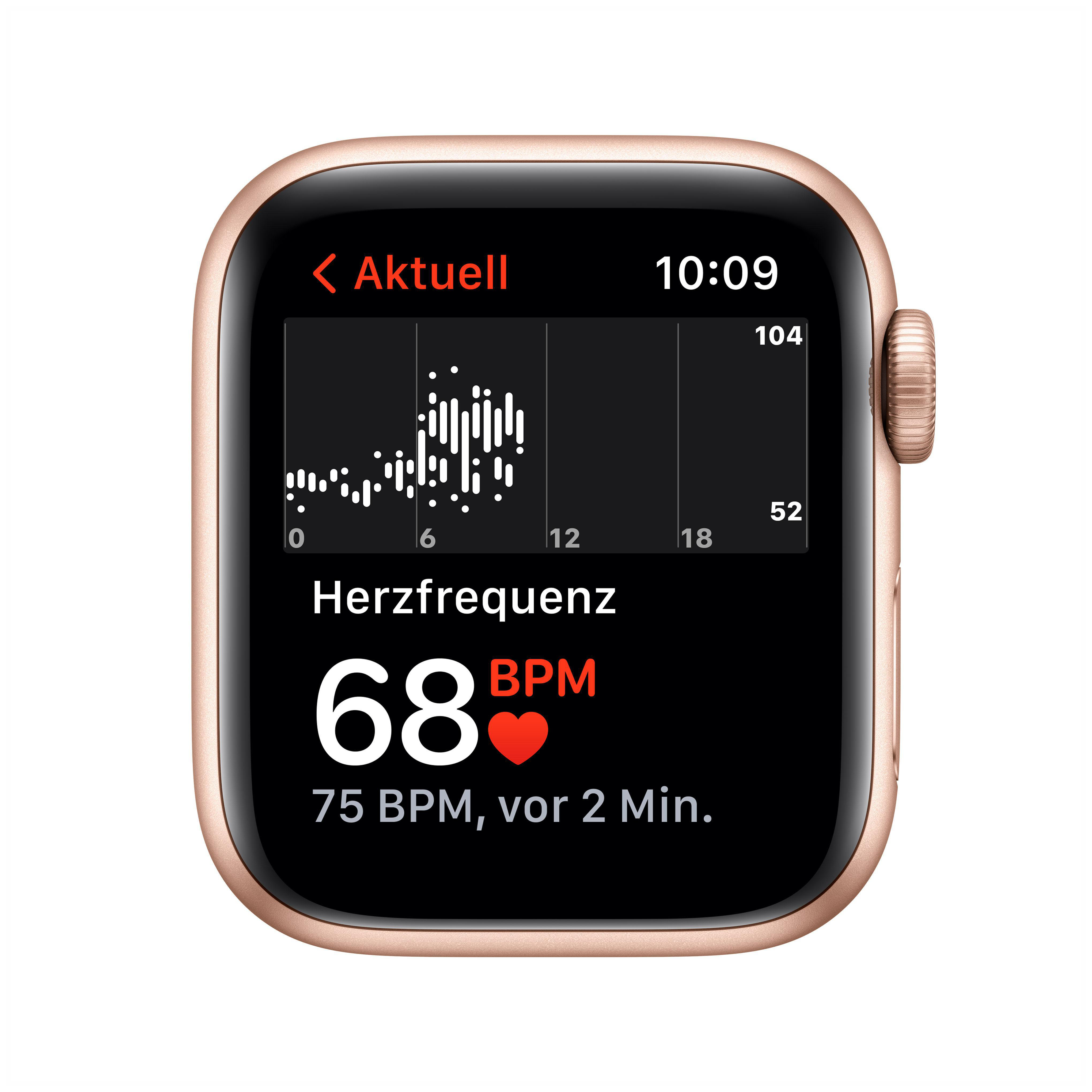Eine goldene Apple Watch zeigt eine Herzfrequenz von 68 BPM und 75 BPM für die letzten 2 Minuten.
