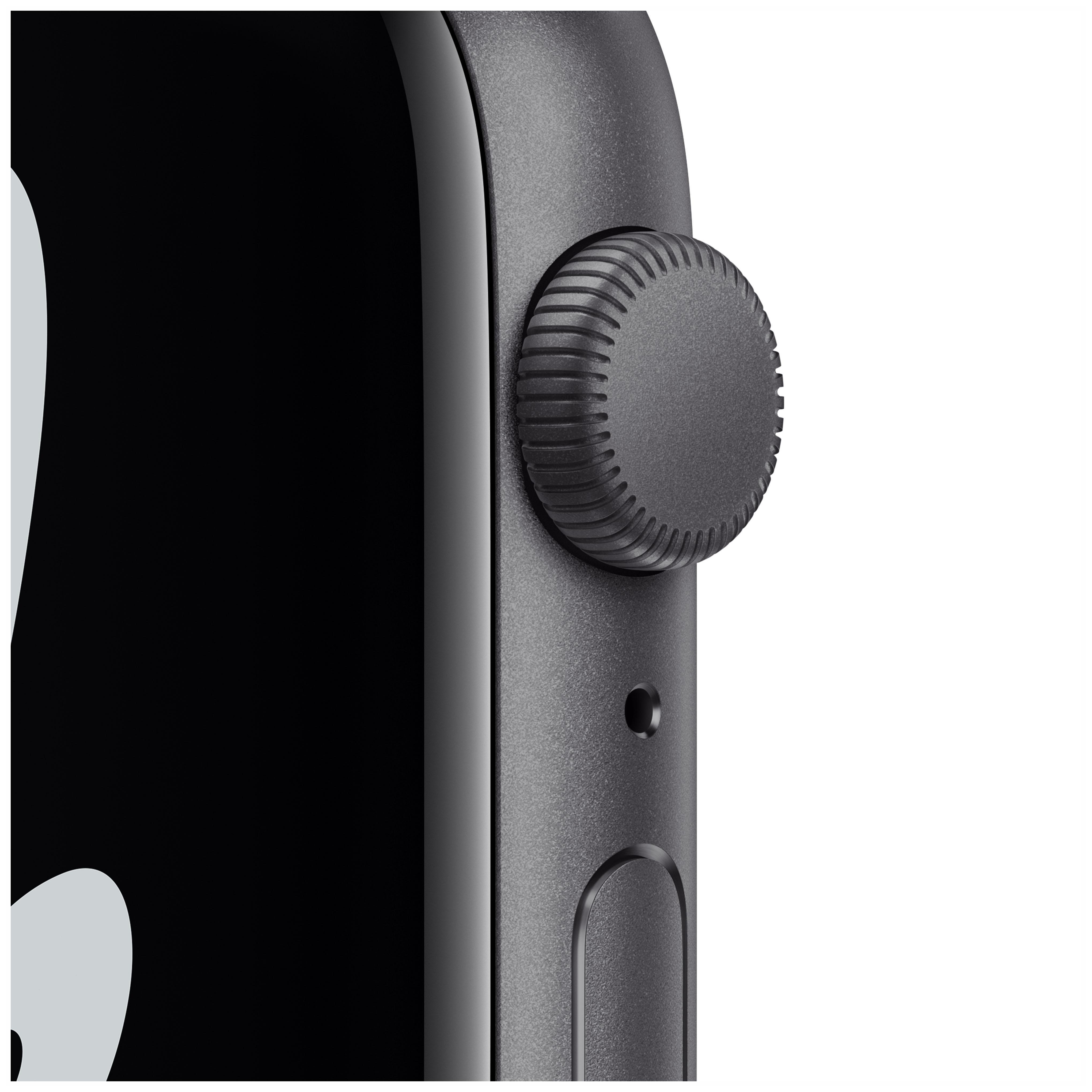 Nahaufnahme einer schwarzen Smartwatch mit drehbarer Krone.