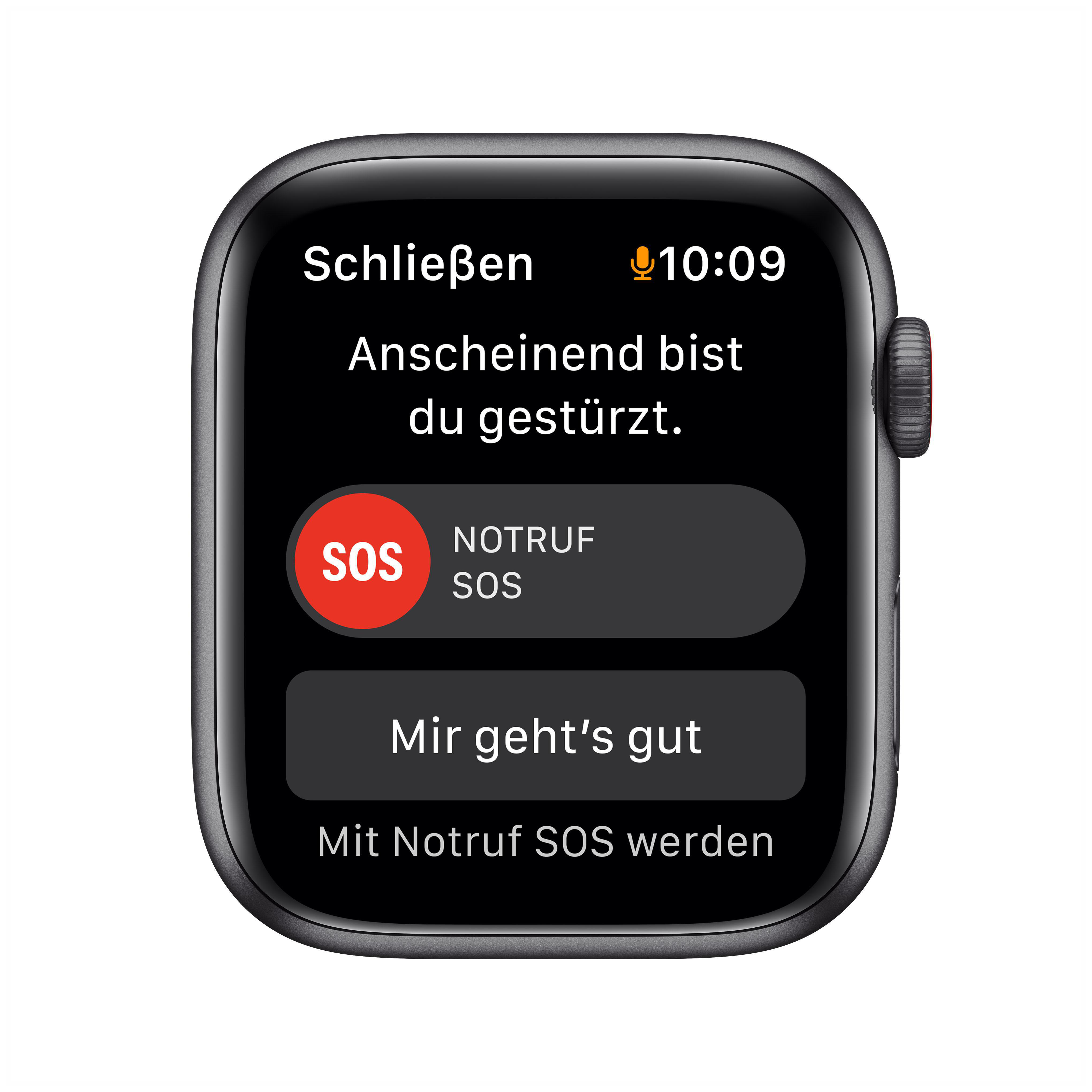 APPLE Watch SE Nike (GPS + Cellular) 44mm Smartwatch Fluorelastomer, 140 - 220 mm, Armband: Anthrazit/Schwarz, Gehäuse: Space Grau