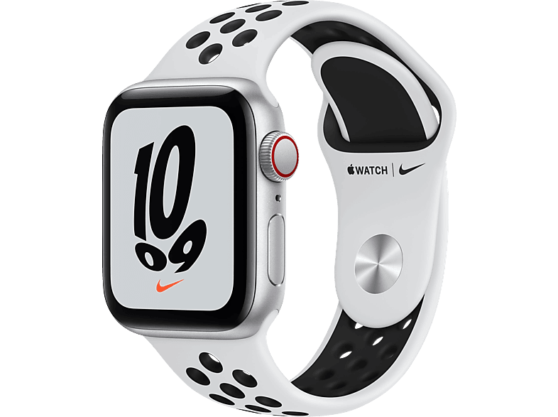 APPLE Watch SE Nike (GPS + Cellular) 40mm Smartwatch Fluorelastomer, 130 - 200 mm, Armband: Pure Platinum/Schwarz, Gehäuse: Silber