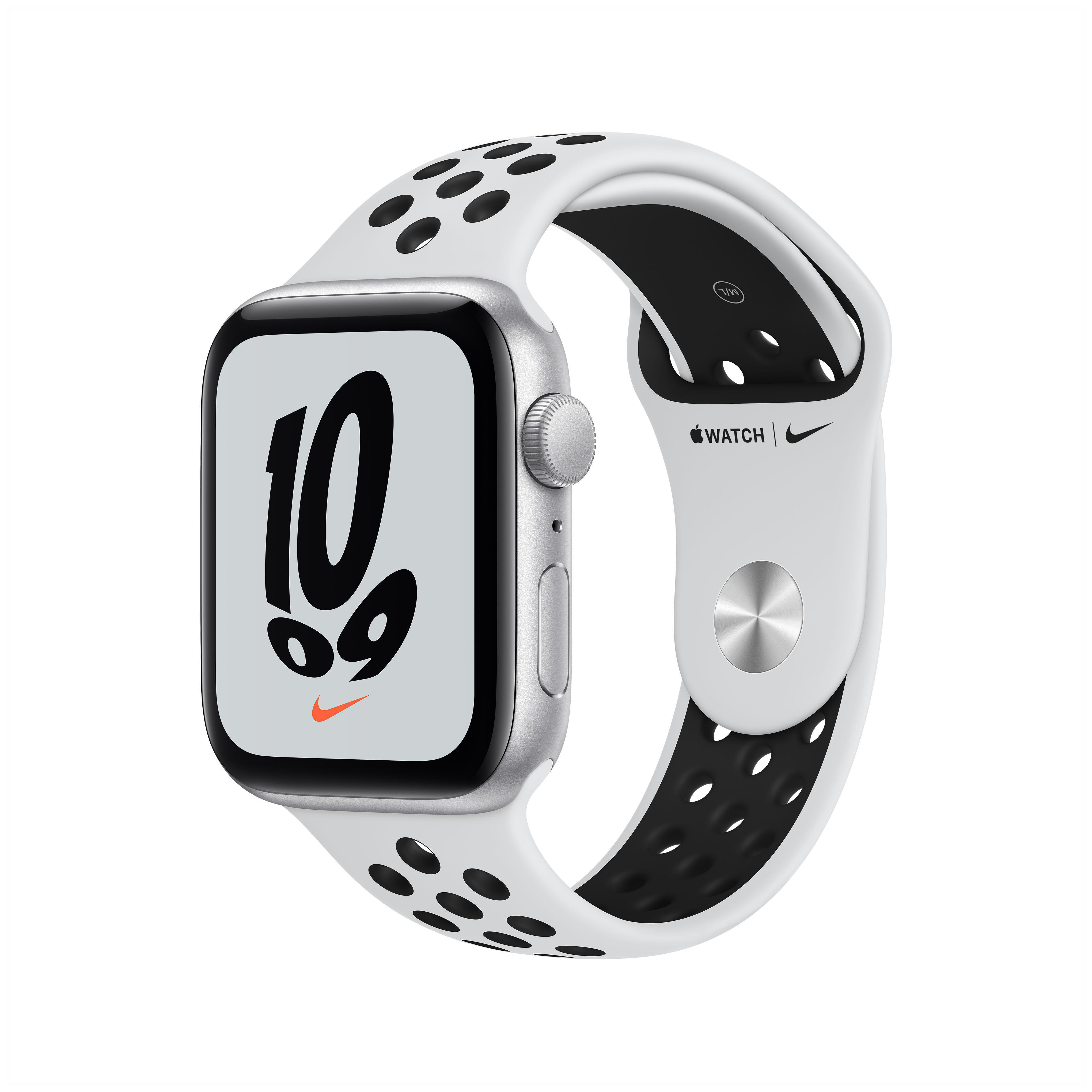 APPLE Watch SE Nike (GPS) Smartwatch 140 Silber Platinum/Schwarz, Pure Gehäuse: - 220 Armband: Fluorelastomer, 44mm mm