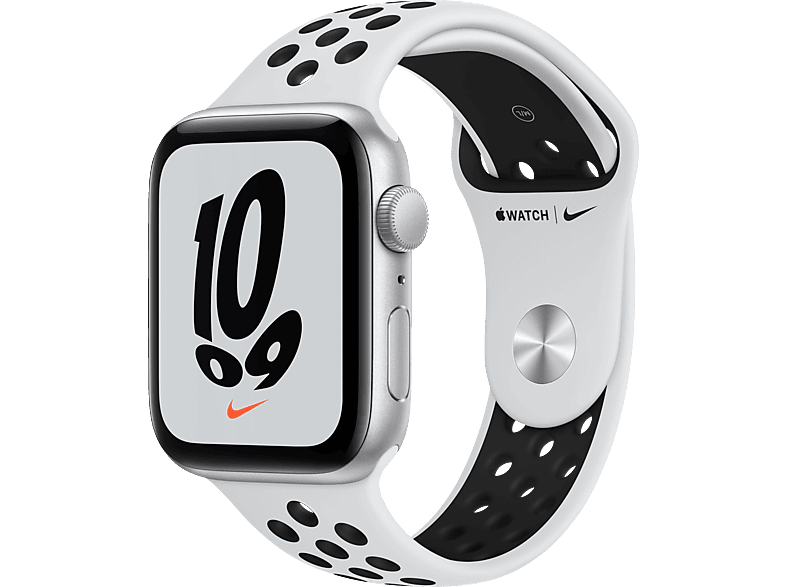 APPLE Watch SE Nike (GPS) 44mm Smartwatch Fluorelastomer, 140 - 220 mm, Armband: Pure Platinum/Schwarz, Gehäuse: Silber
