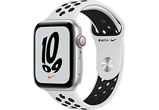 APPLE Watch SE Nike (GPS + Cellular) 44mm Smartwatch Fluorelastomer, 140 - 220 mm, Armband: Pure Platinum/Schwarz, Gehäuse: Silber