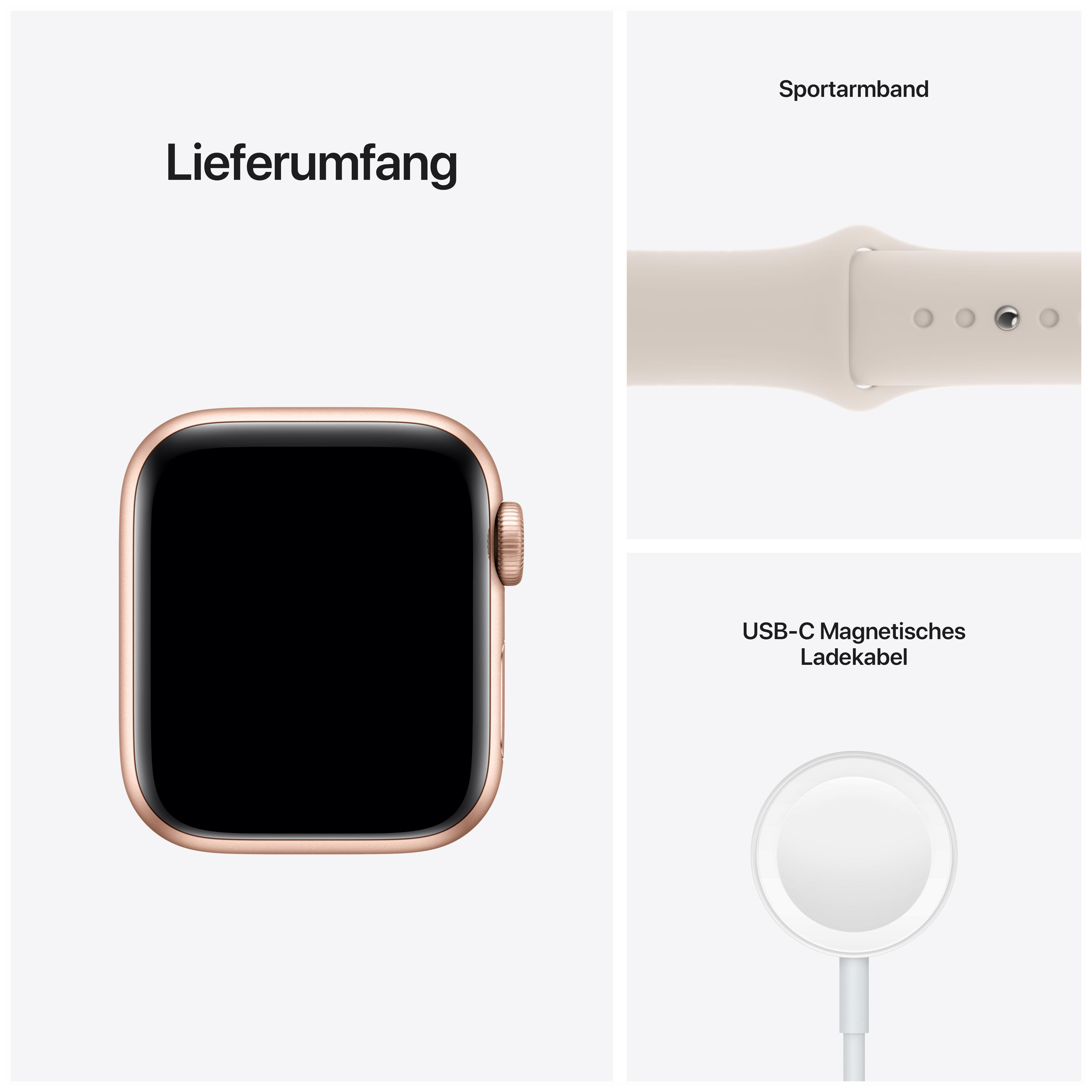 Apple Watch Komponenten: Uhr, Sportarmband und USB-C-Ladegerät, alles auf weißem Hintergrund.